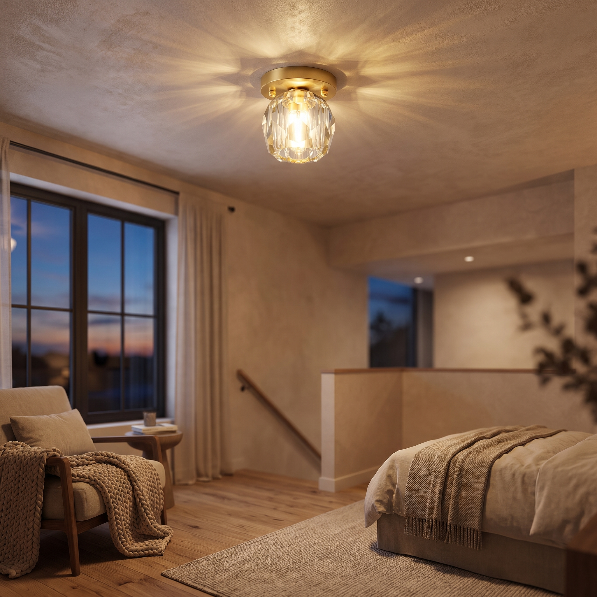 Crystal cylinder ceiling light in a bedroom