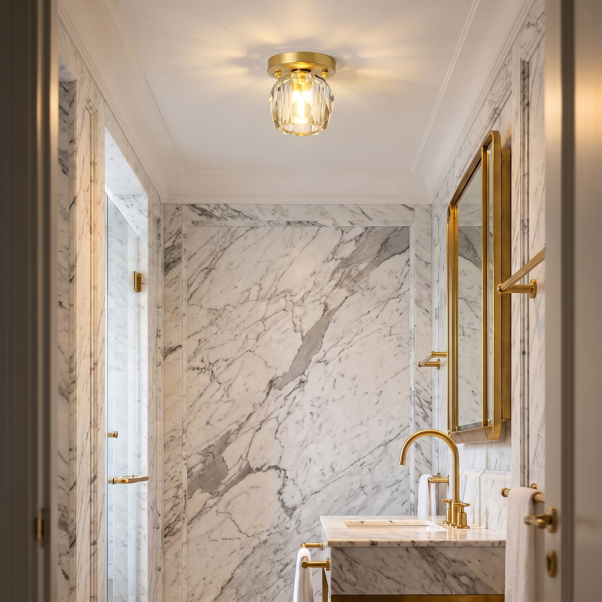 Crystal cylinder ceiling light in a bathroom