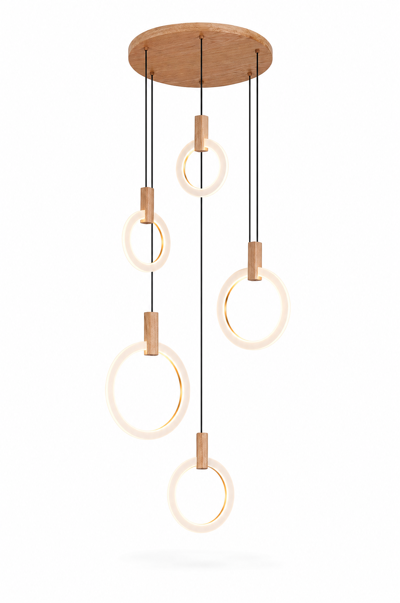 5-ring wood and acrylic ring chandelier on white