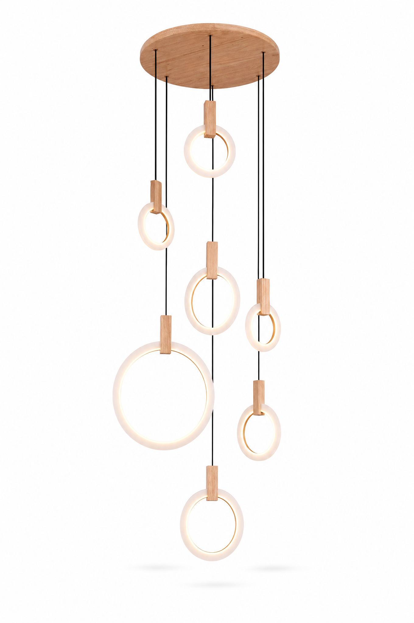7-ring wood and acrylic ring chandelier on white