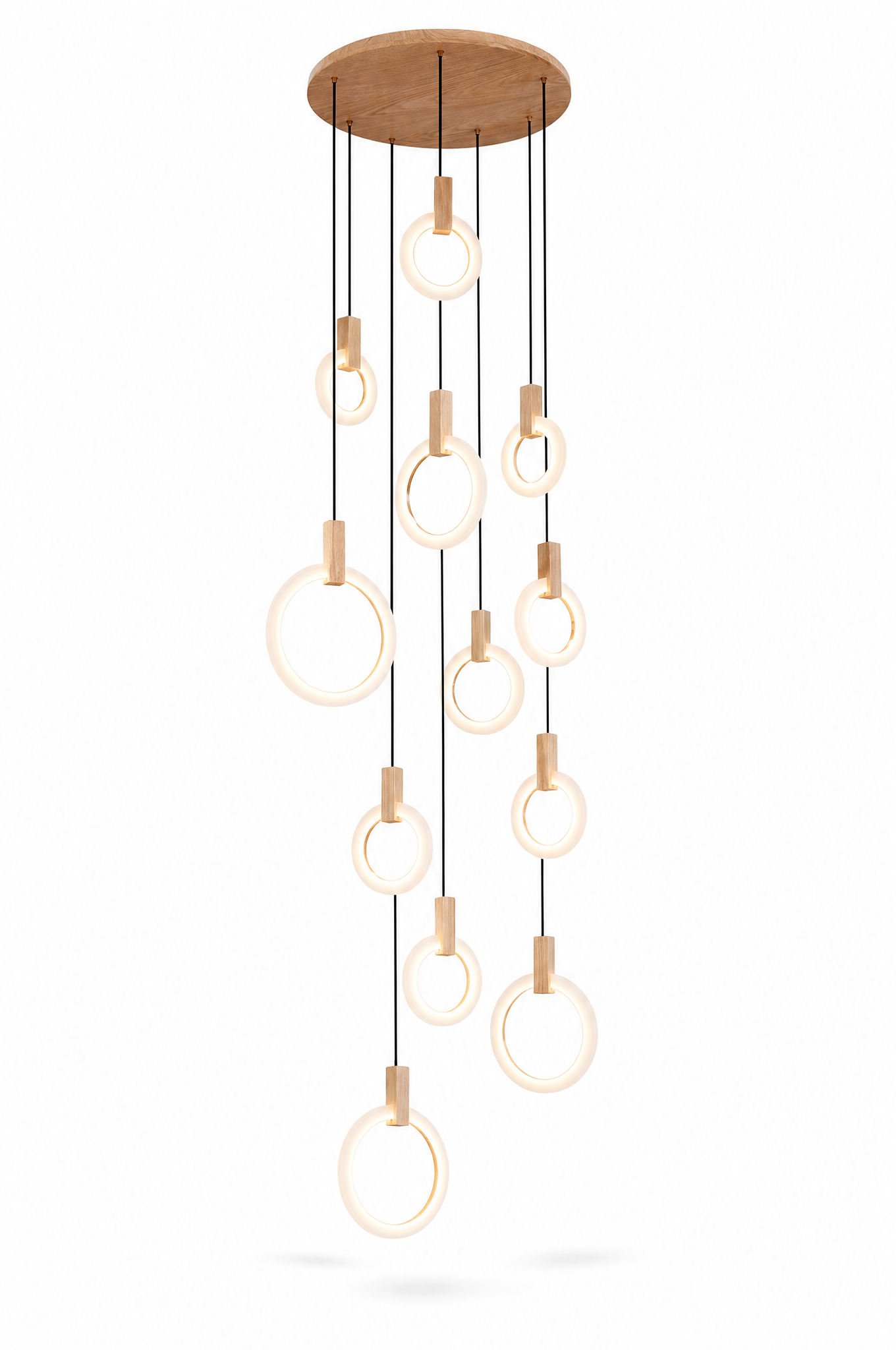 13-ring wood and acrylic ring chandelier on white