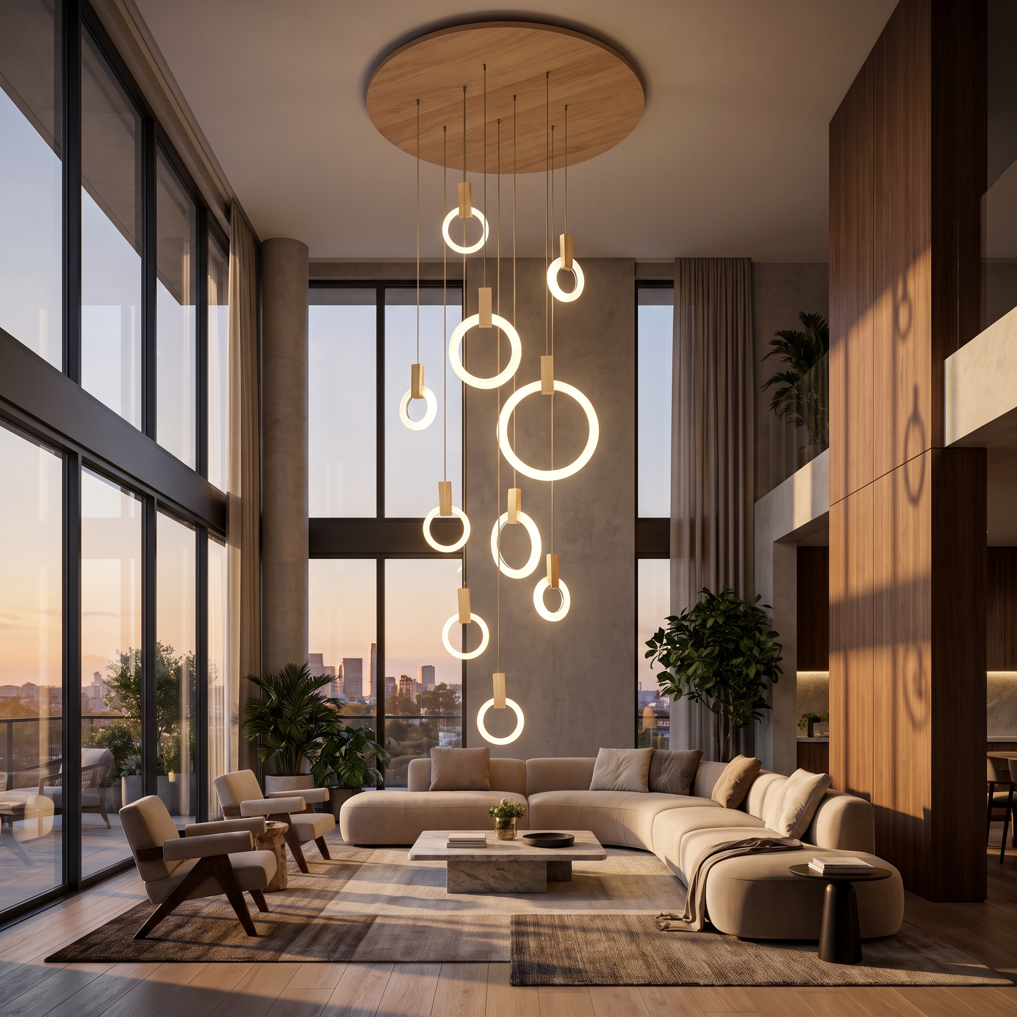 Wood ring chandelier in a double-height living room