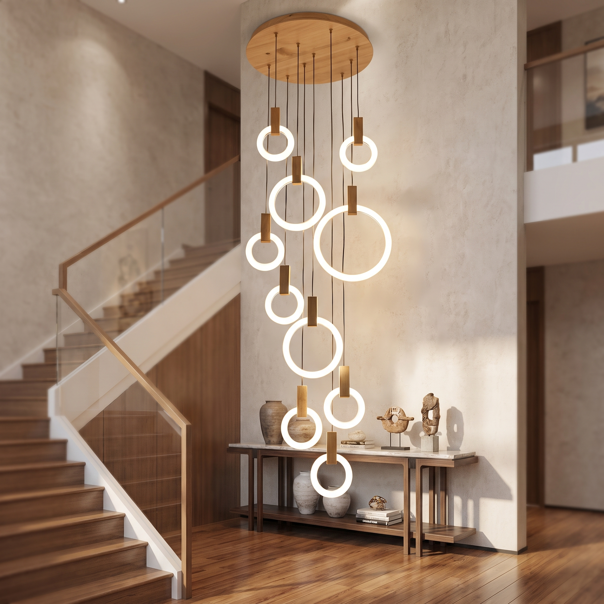 Wood ring chandelier in a double-height entryway