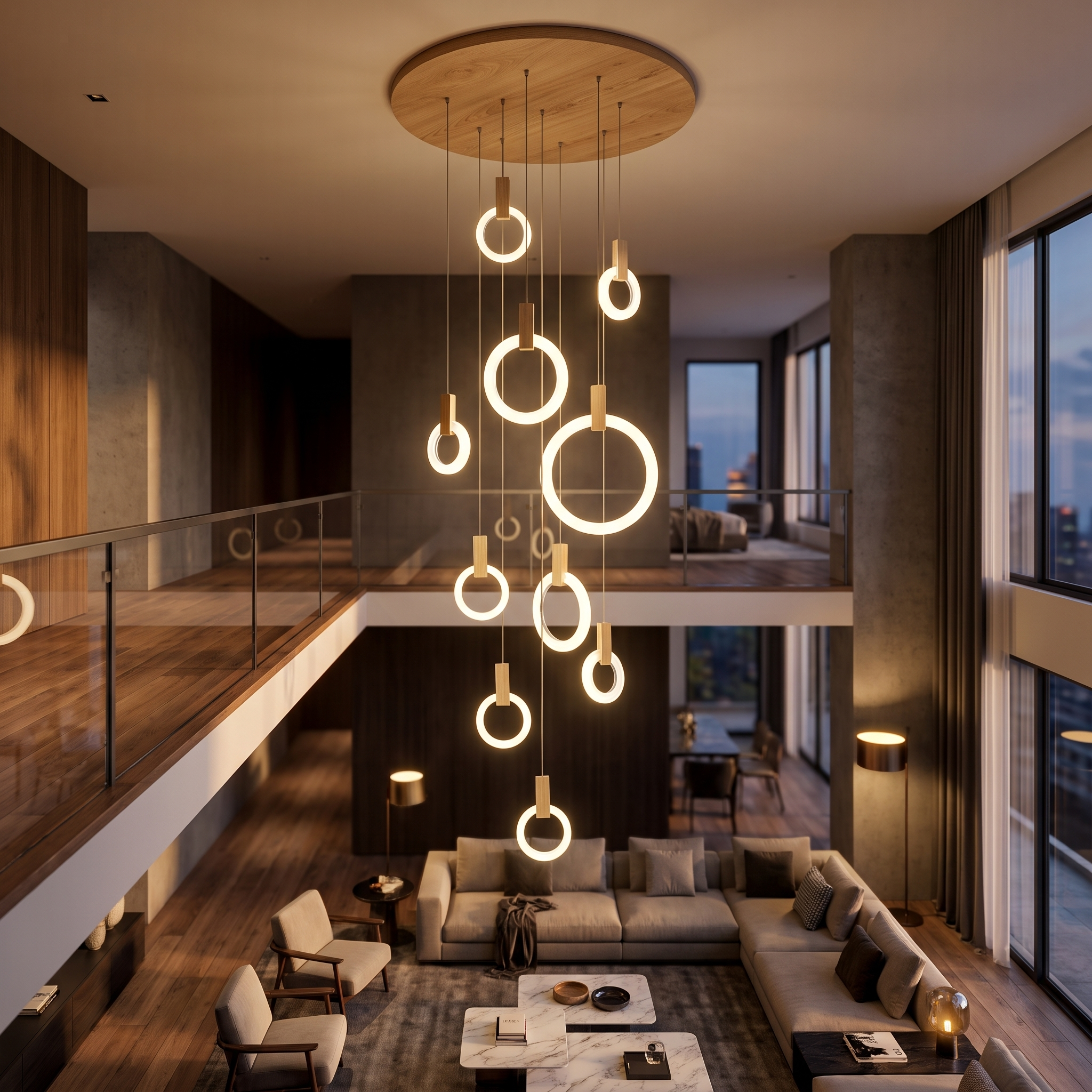Wood ring chandelier over a mezzanine landing