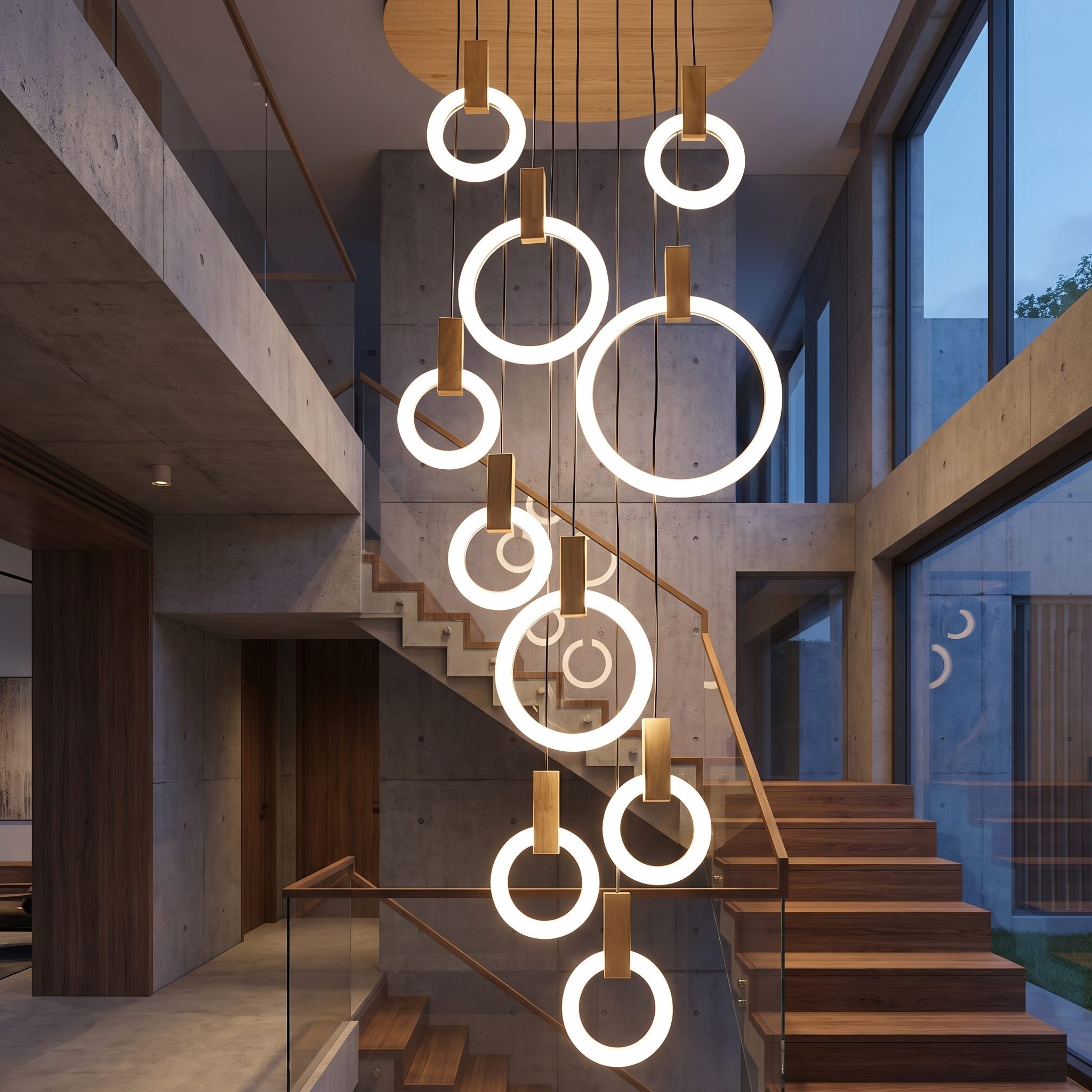 Wood ring chandelier in a concrete and wood stairwell