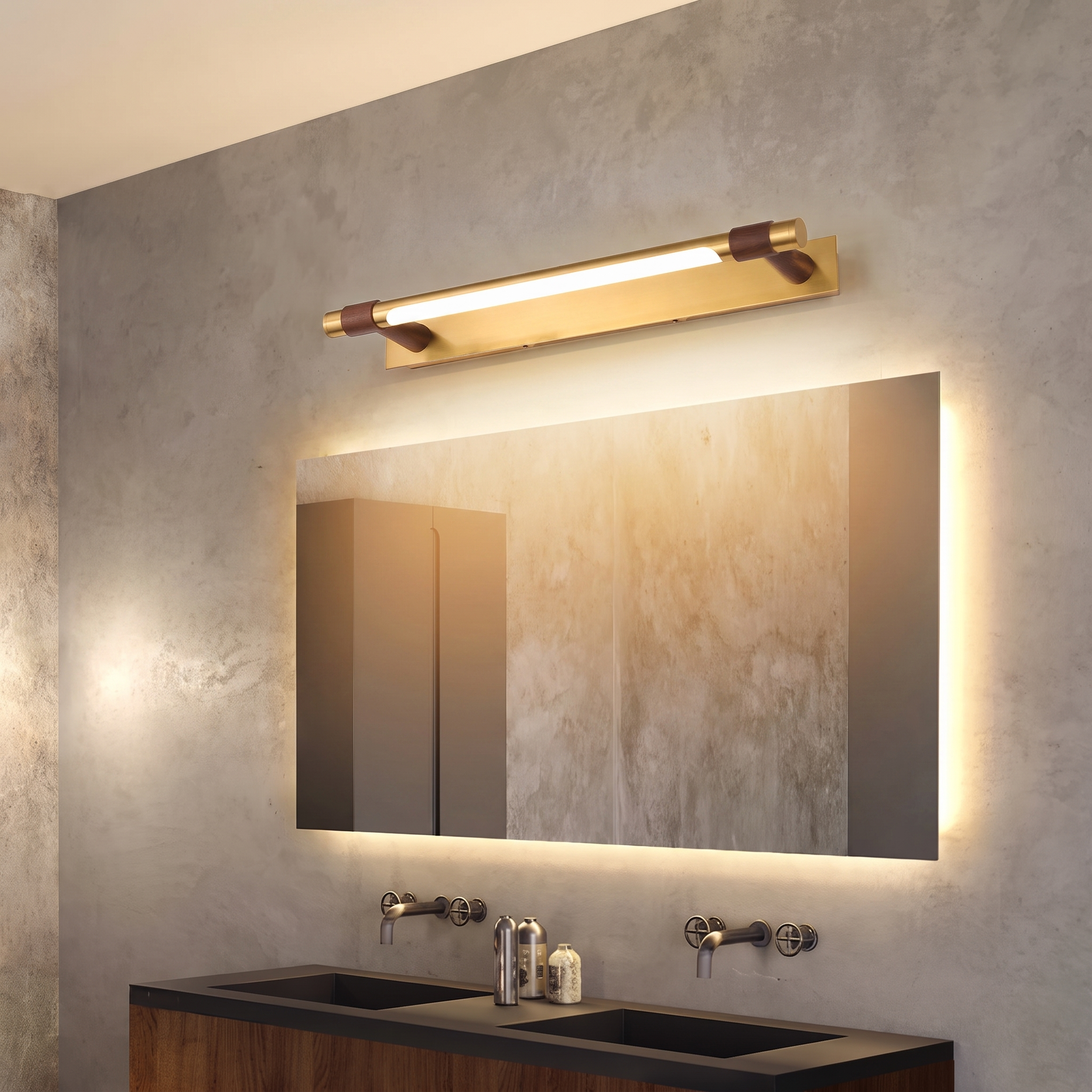 Brass vanity light above rectangular mirror