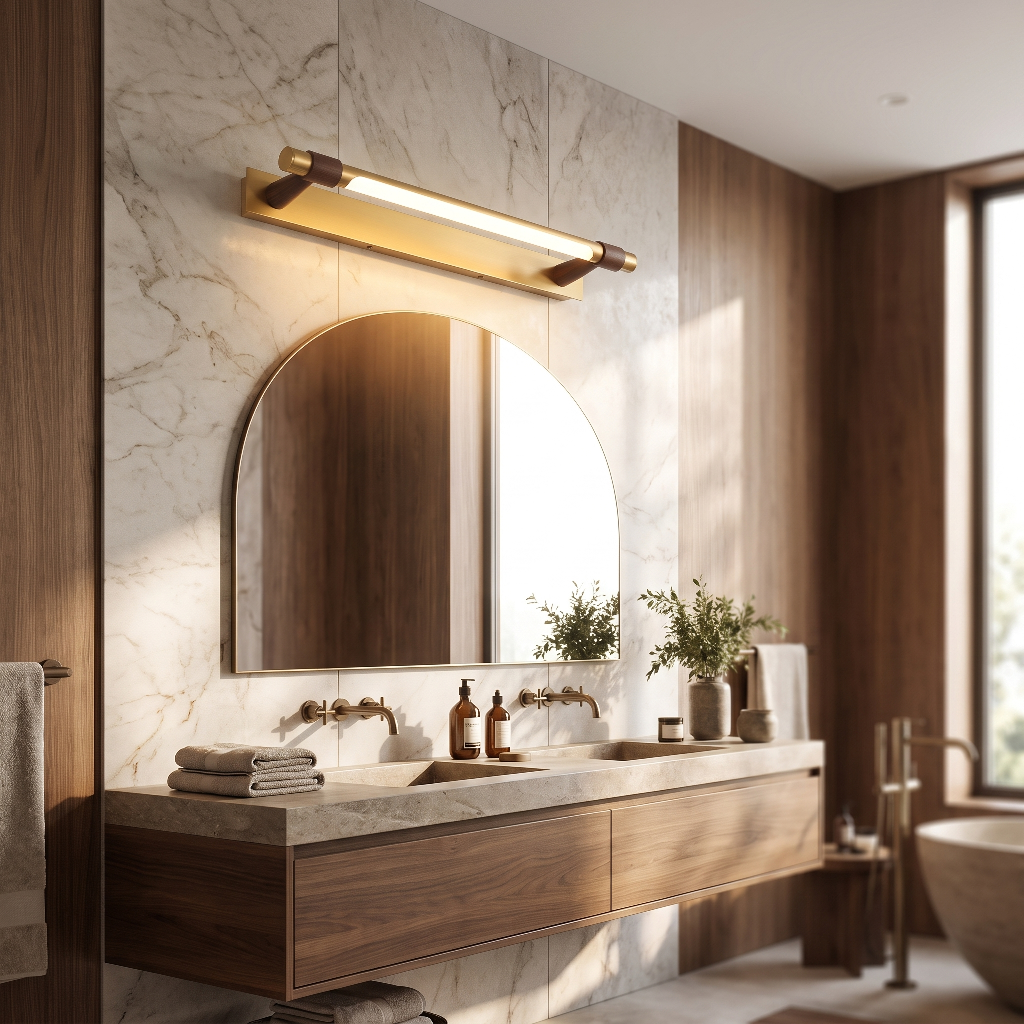 Brass and wood vanity light above arched mirror