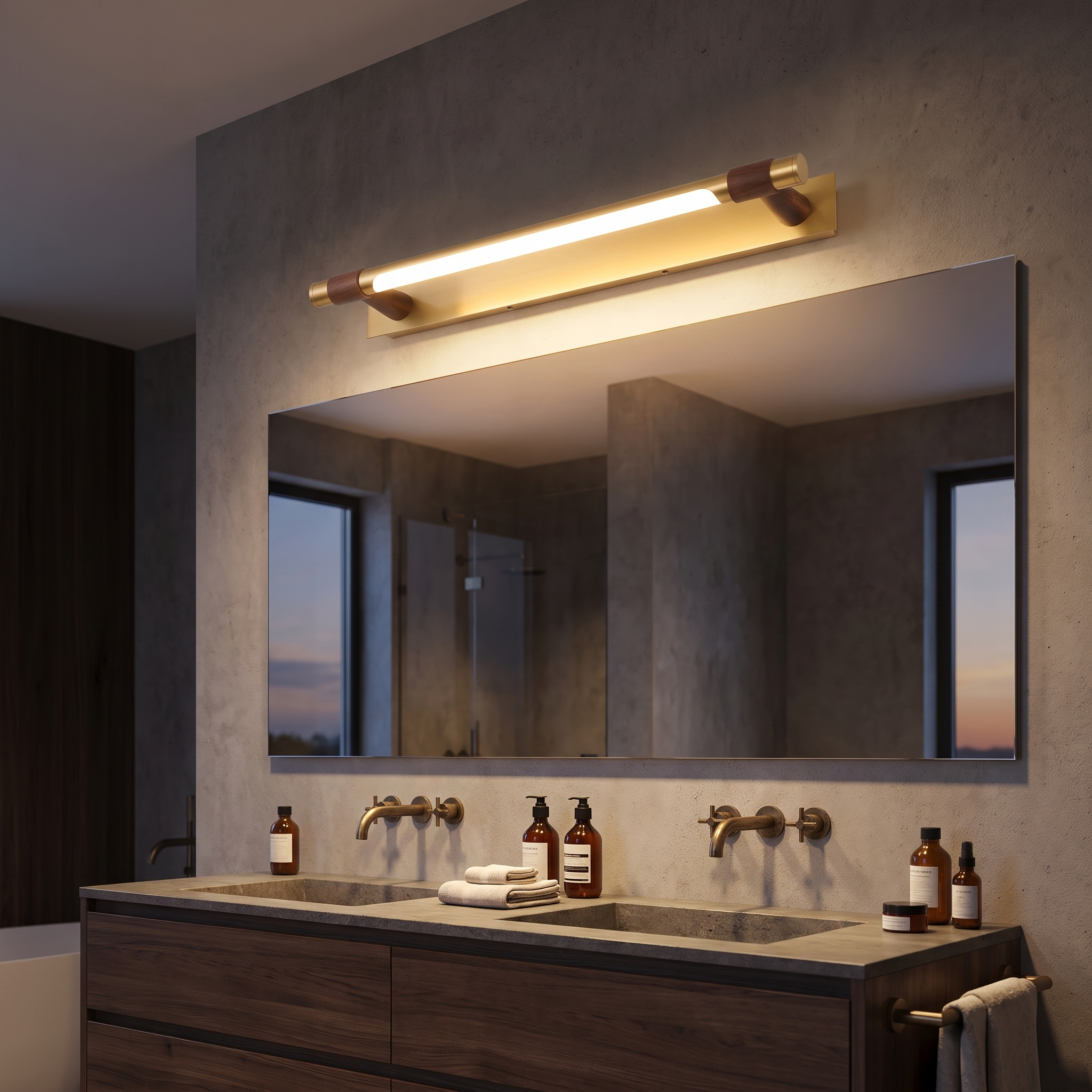 Brass vanity light above mirror at dusk