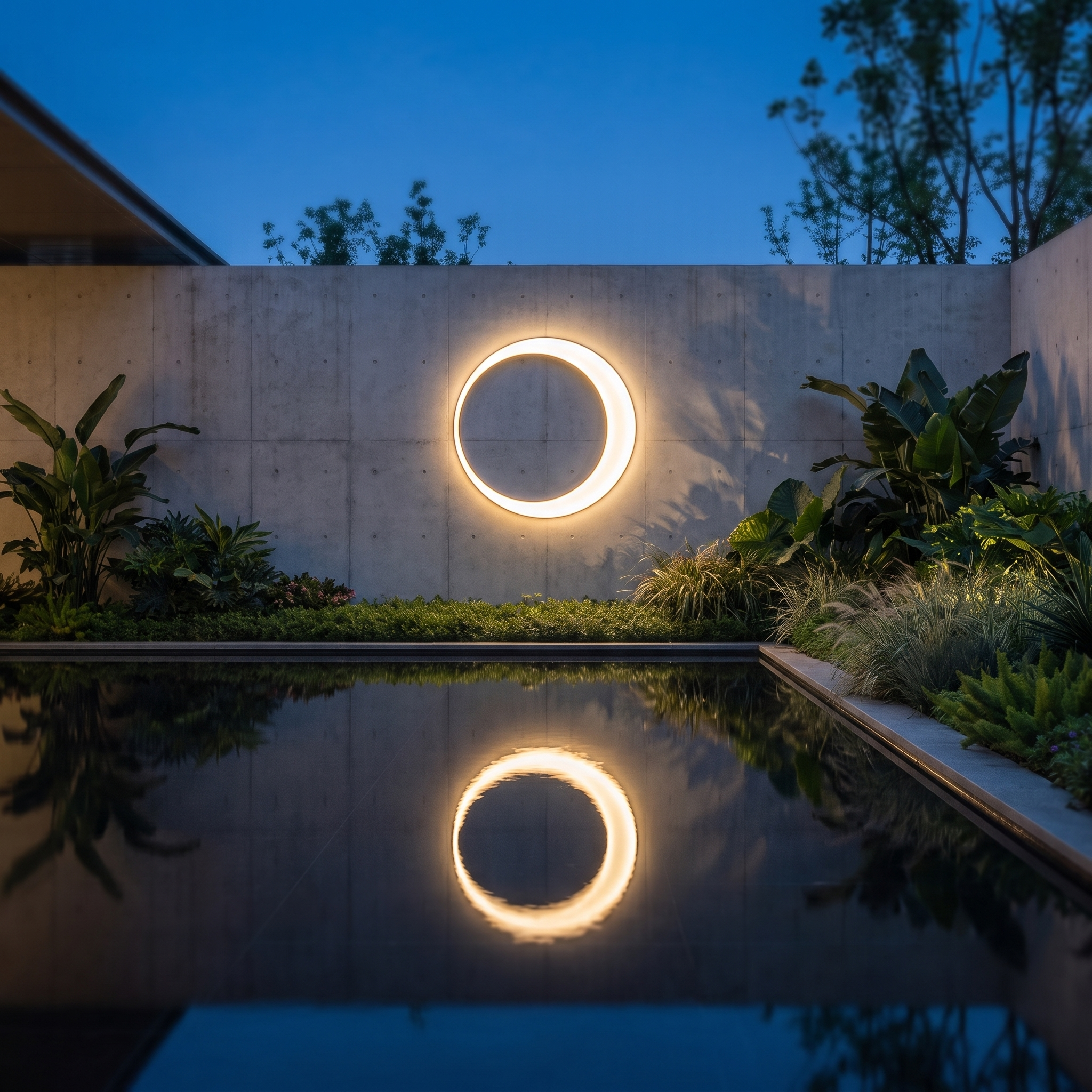 Moon ring wall light reflected in a courtyard pool