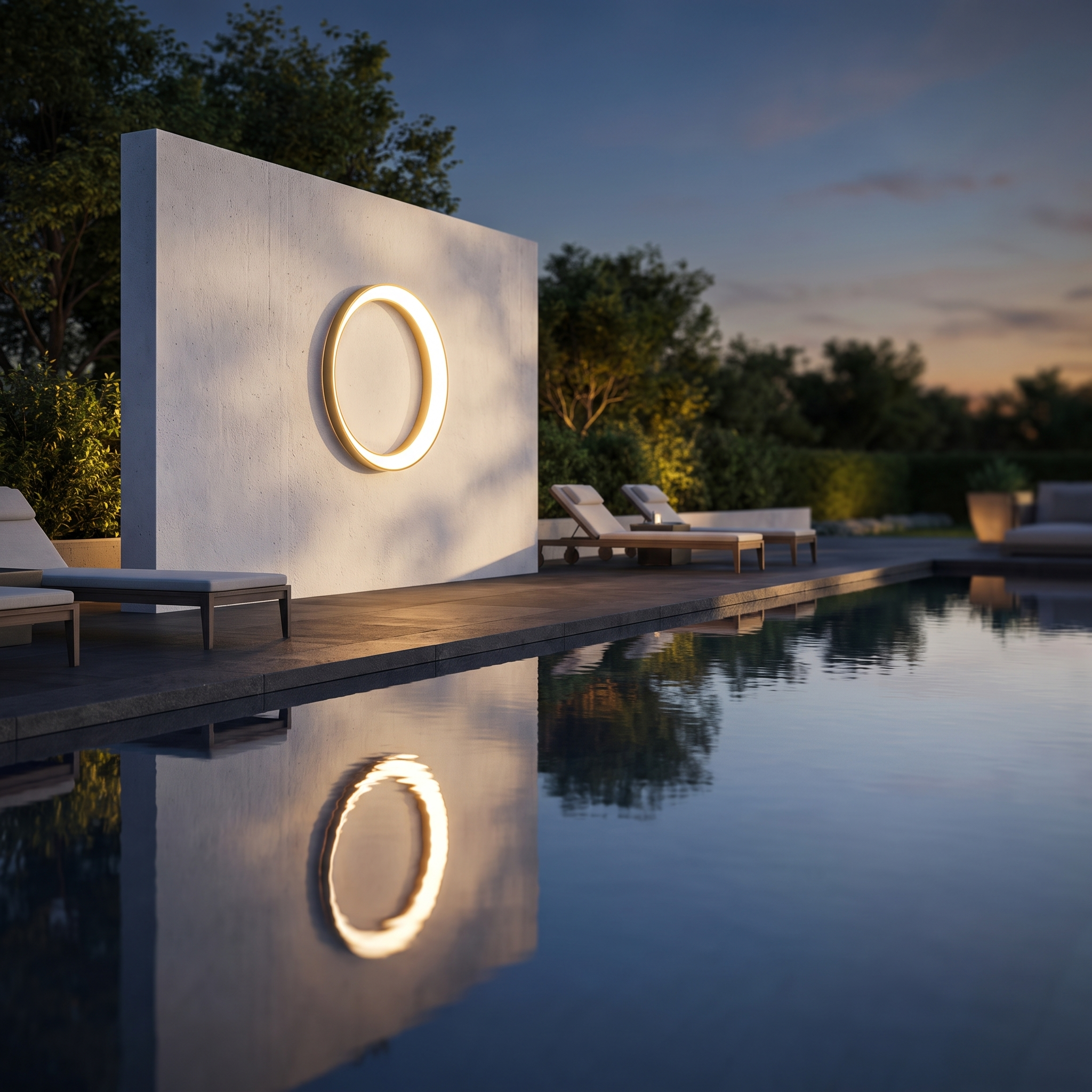 Moon ring wall light by a modern swimming pool