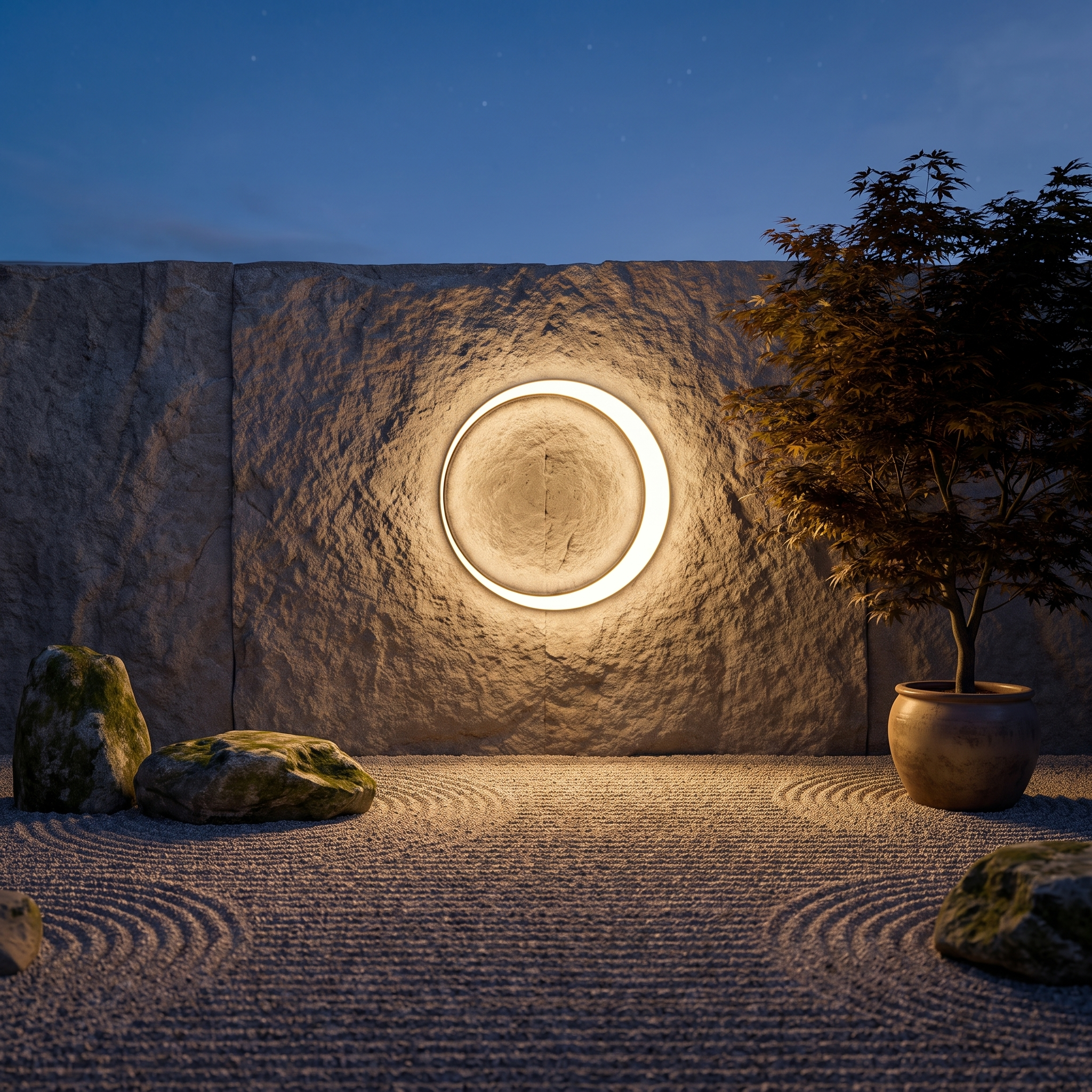 Moon ring wall light on a zen courtyard stone wall
