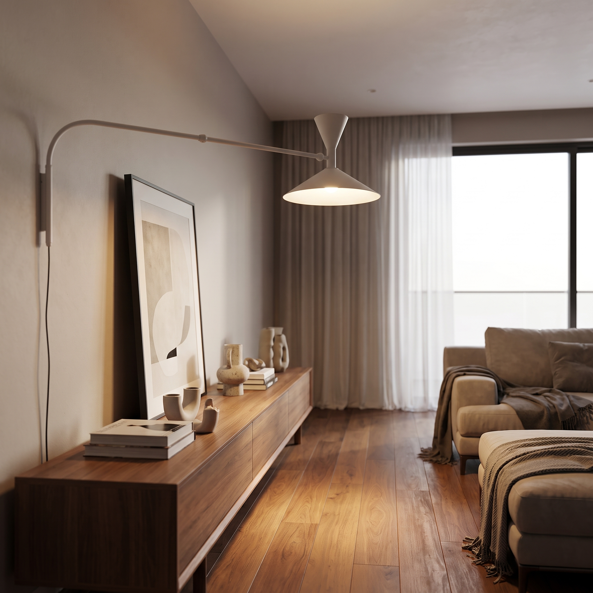 White swing-arm wall lamp above a console