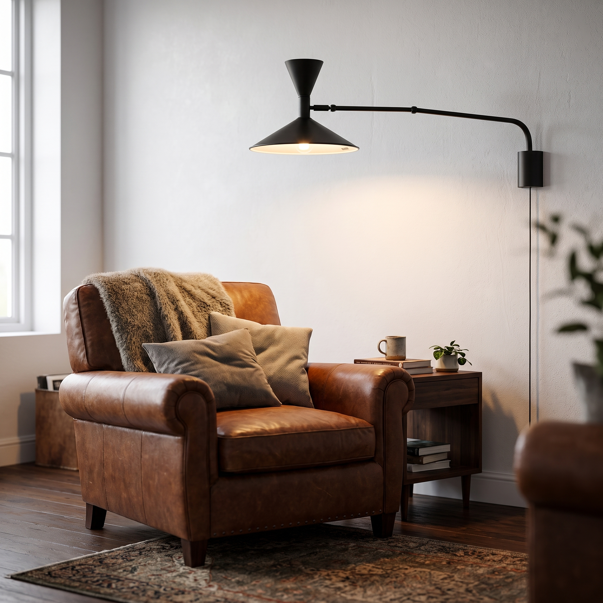 Black swing-arm wall lamp over a reading armchair