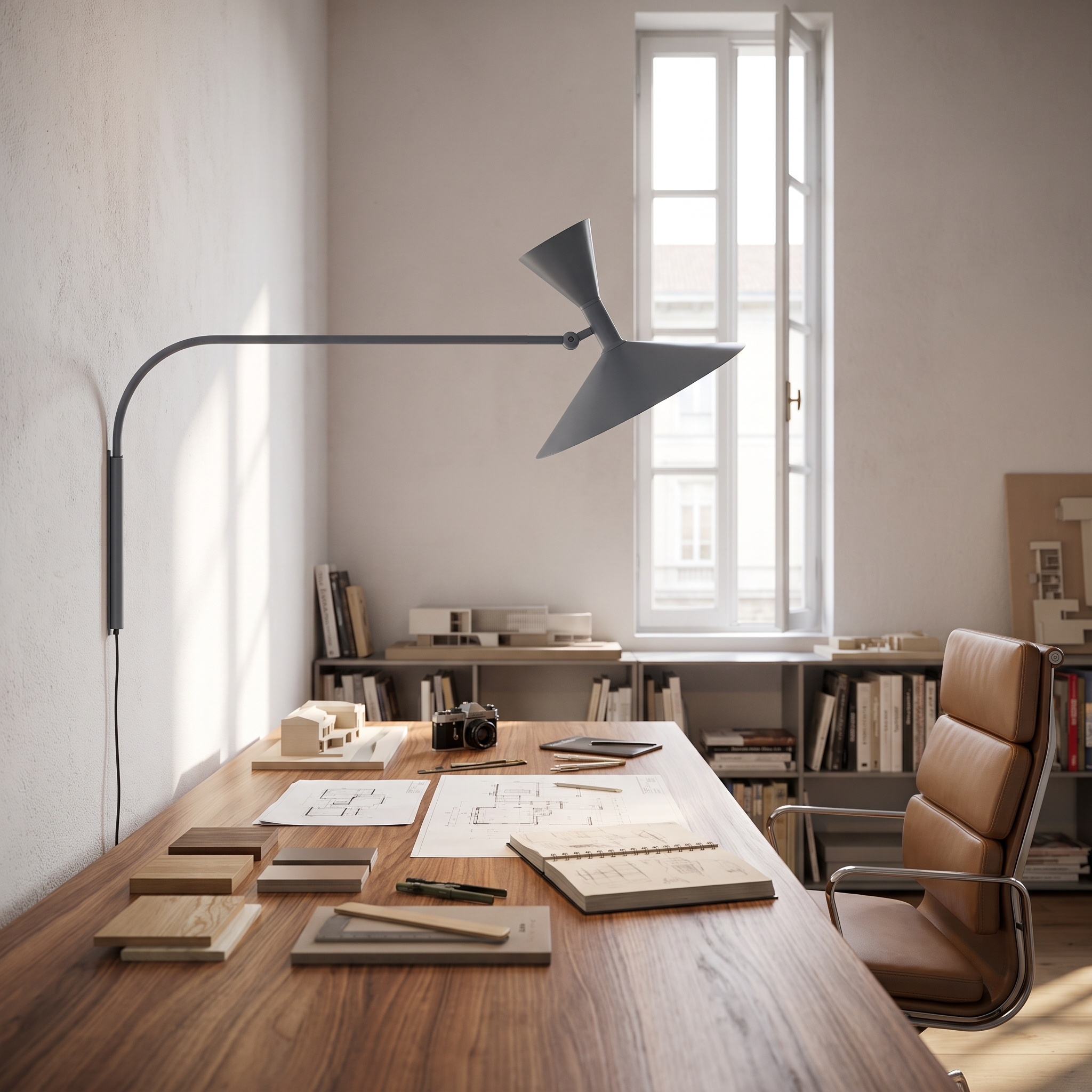 Grey swing-arm wall lamp over a study desk