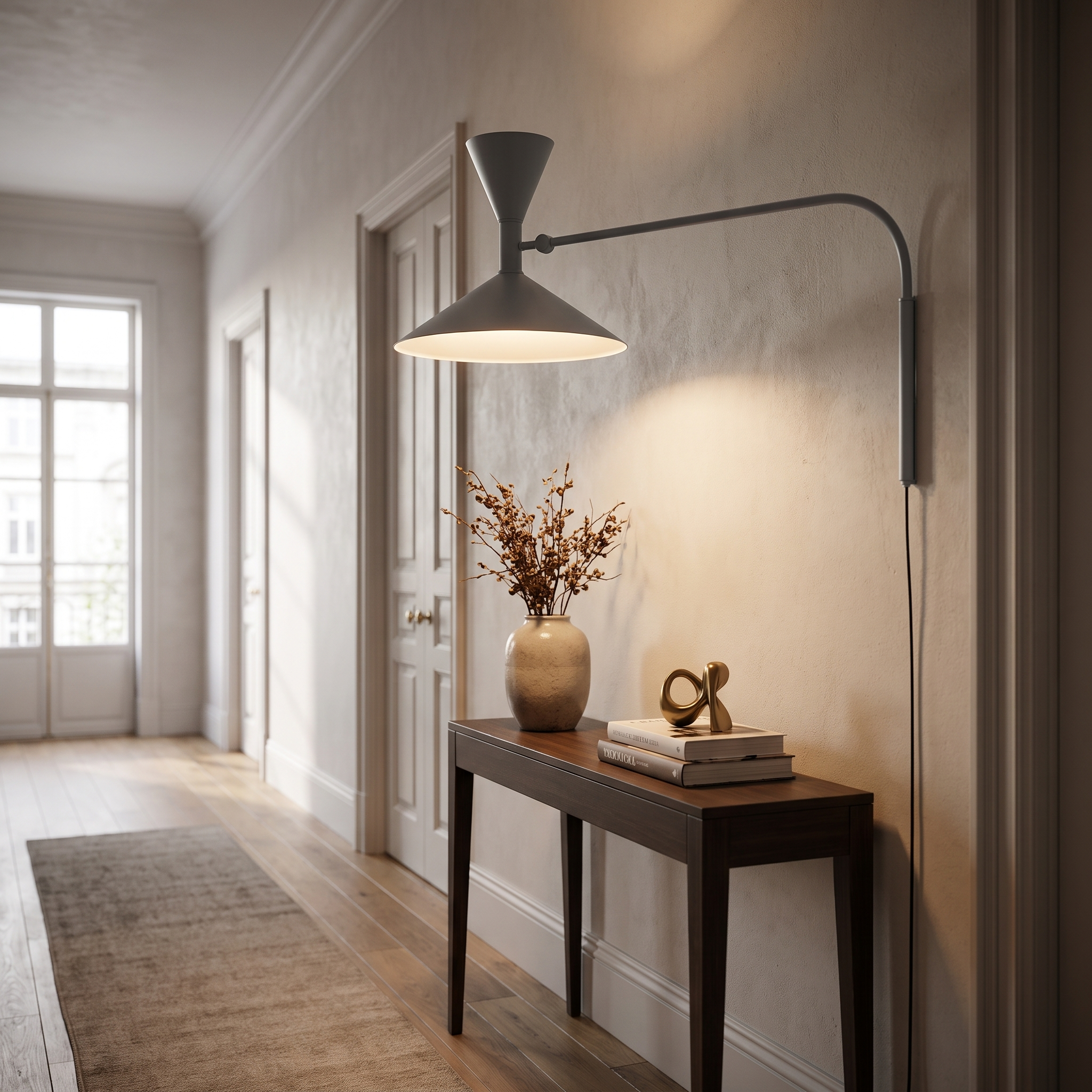 Grey swing-arm wall lamp in an entryway hallway