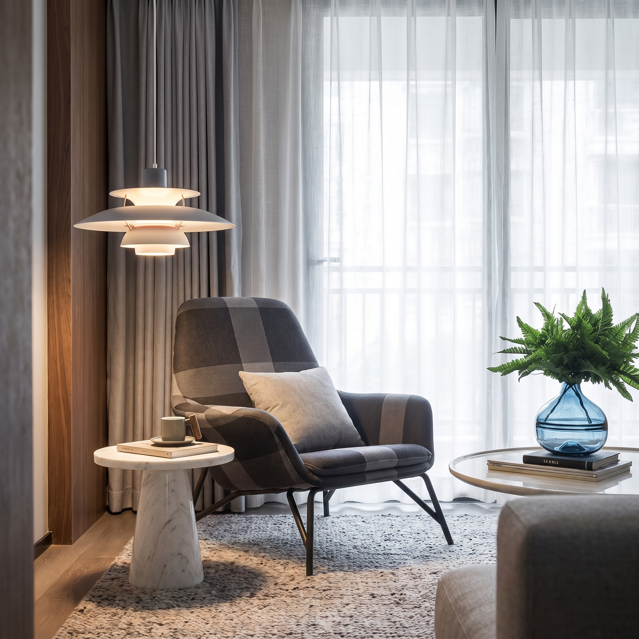 Grey tiered pendant in a reading nook