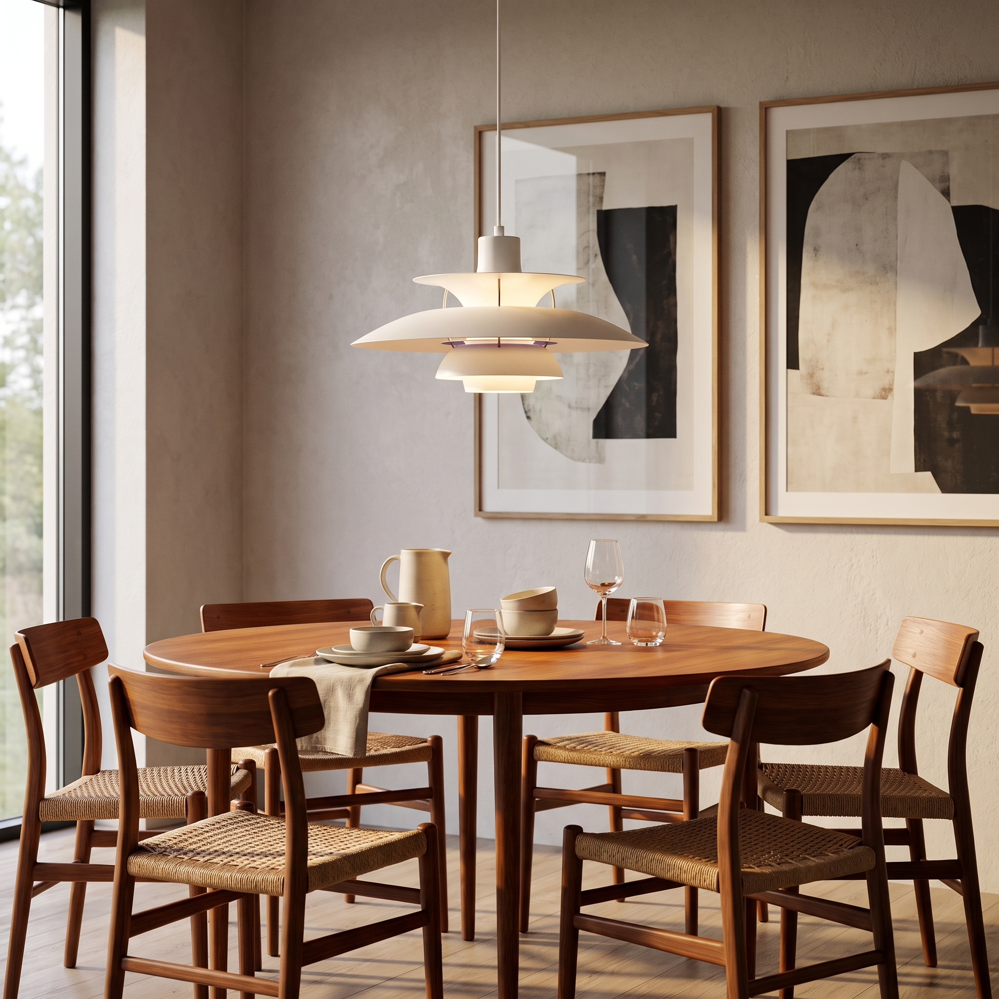 White tiered pendant over a dining table