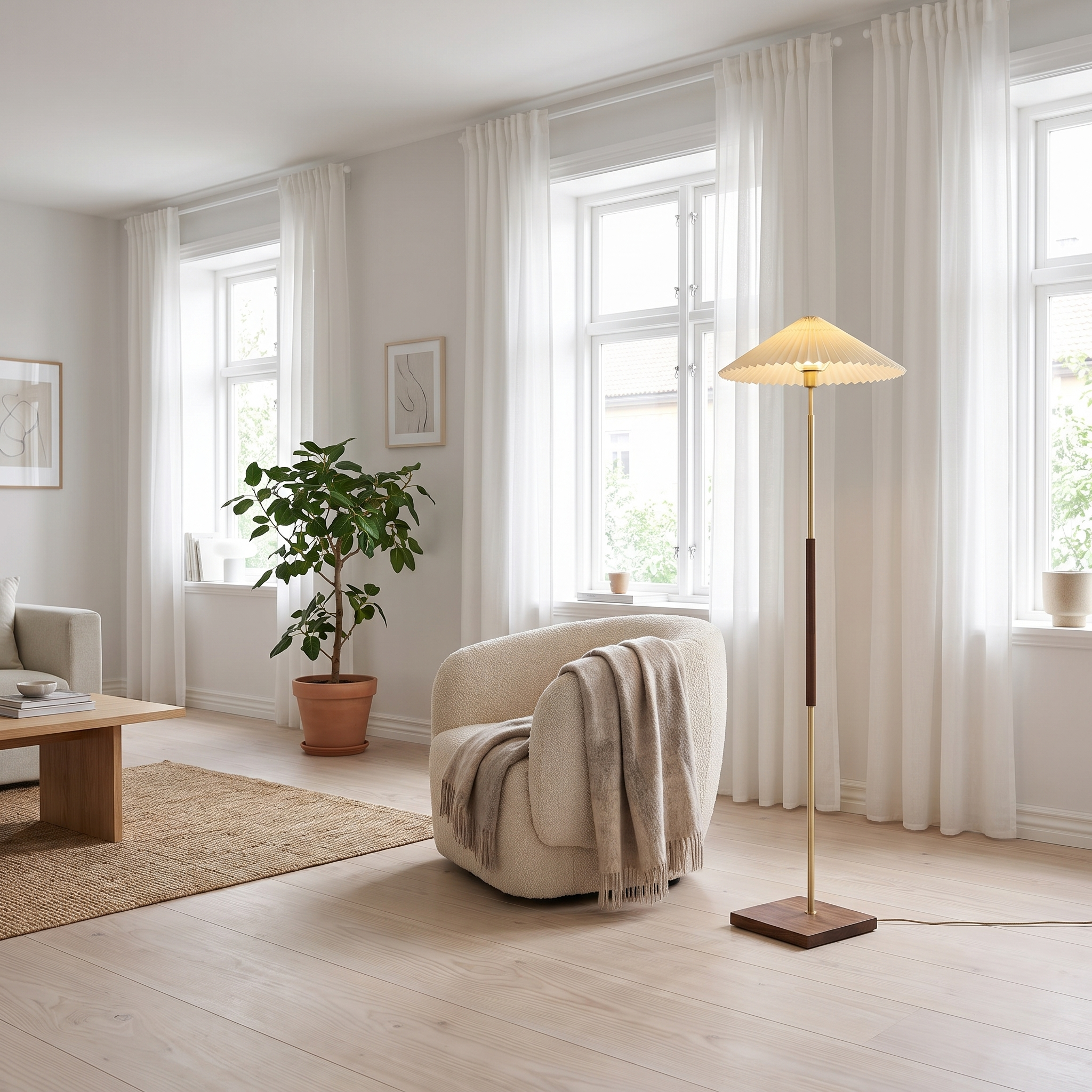 Walnut brass pleated floor lamp in a bright Scandinavian living room