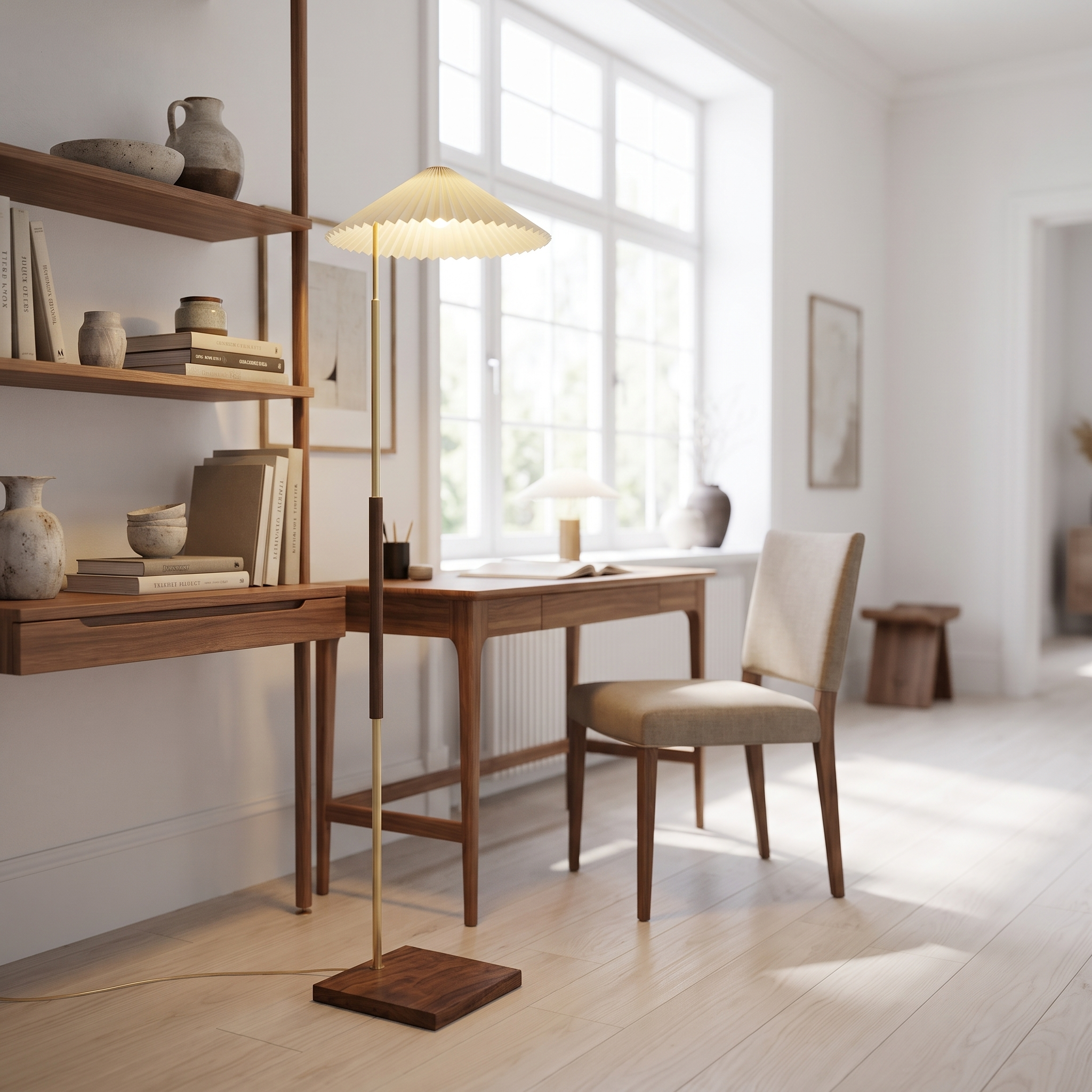 Pleated parasol floor lamp beside a desk in a bright home study