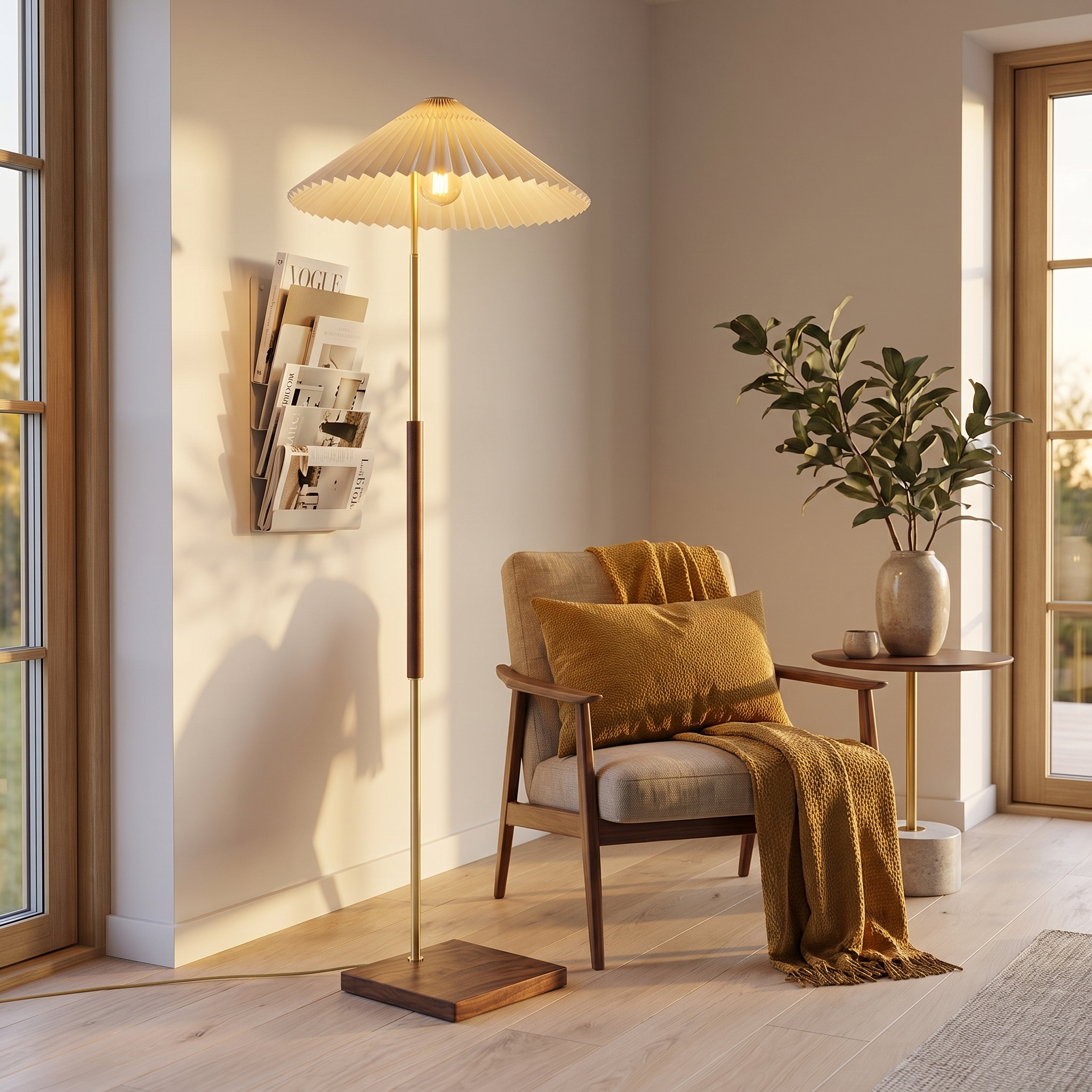 Walnut brass floor lamp glowing warmly in a styled reading corner