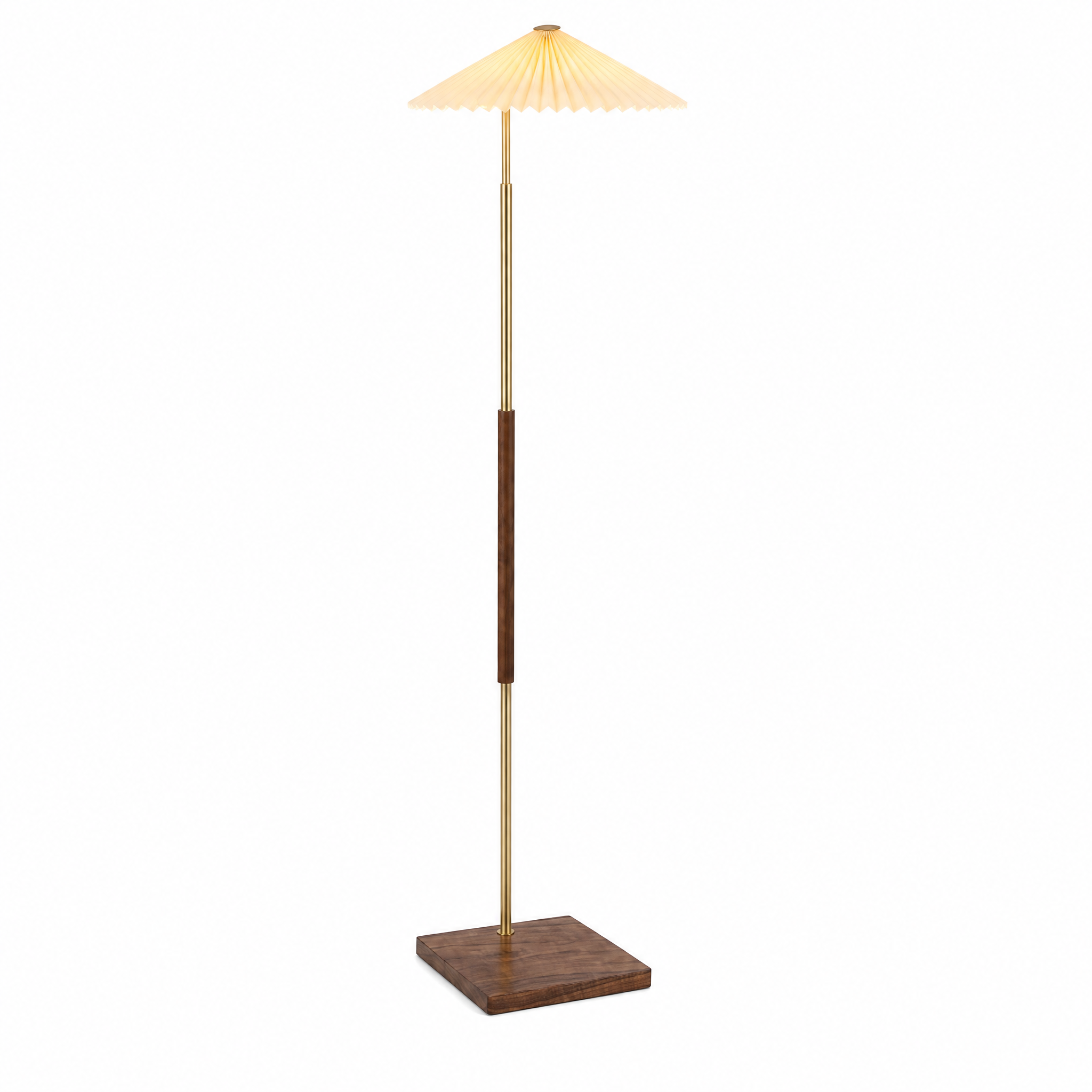 Selva Dorata walnut and brass pleated floor lamp, lit