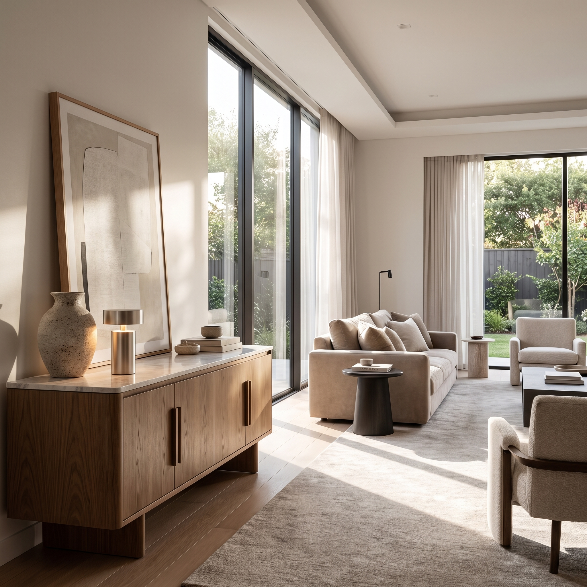 Silver cordless lamp on a console in a bright living room