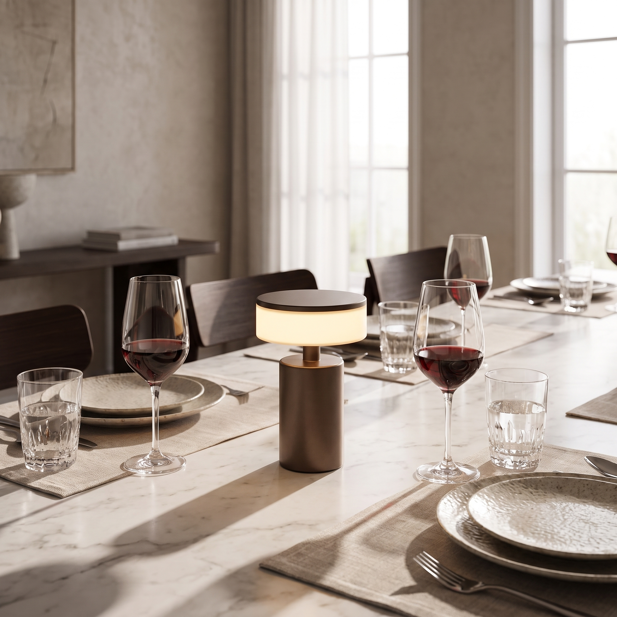 Bronze cordless lamp on a set dining table