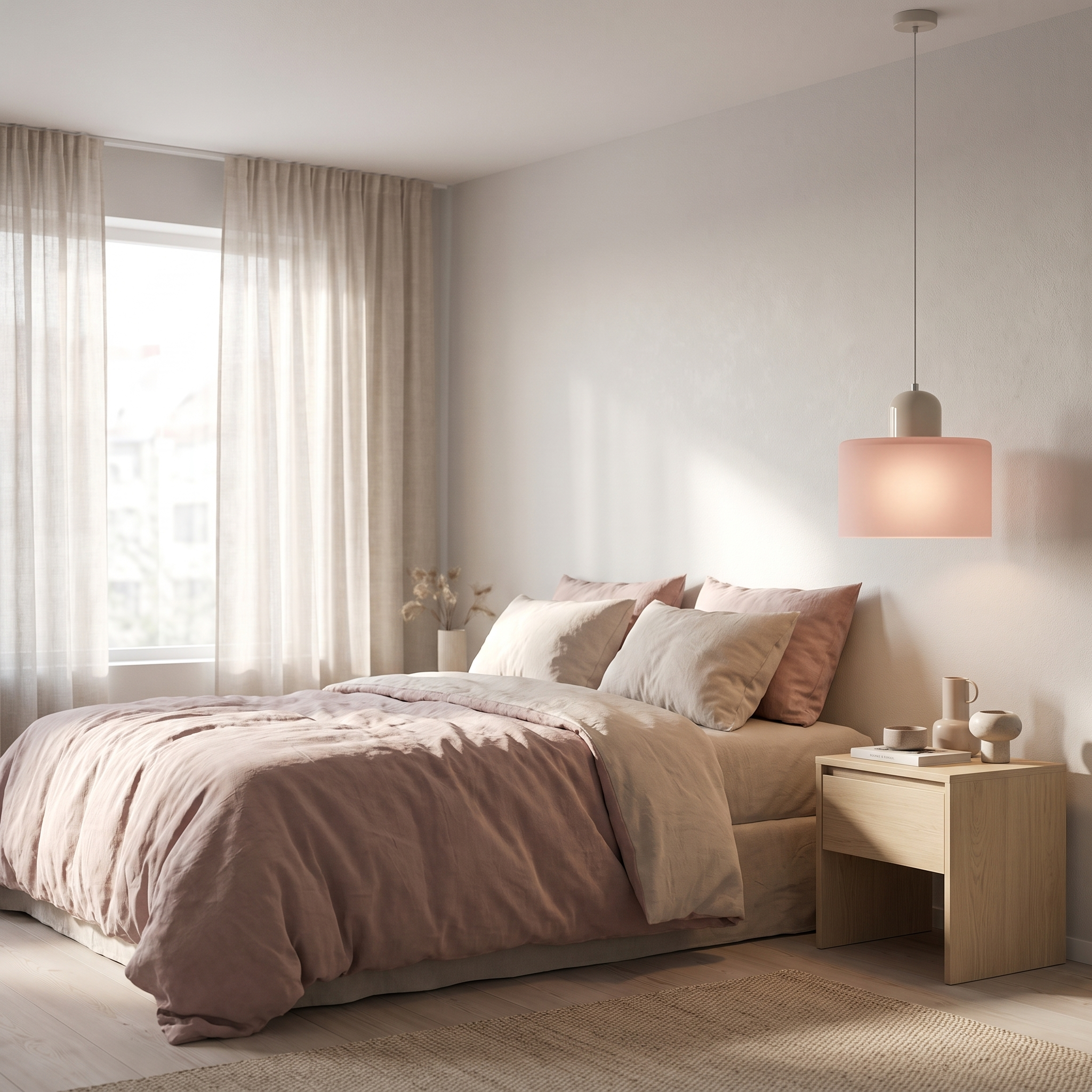 Dusty rose frosted glass pendant beside a bed