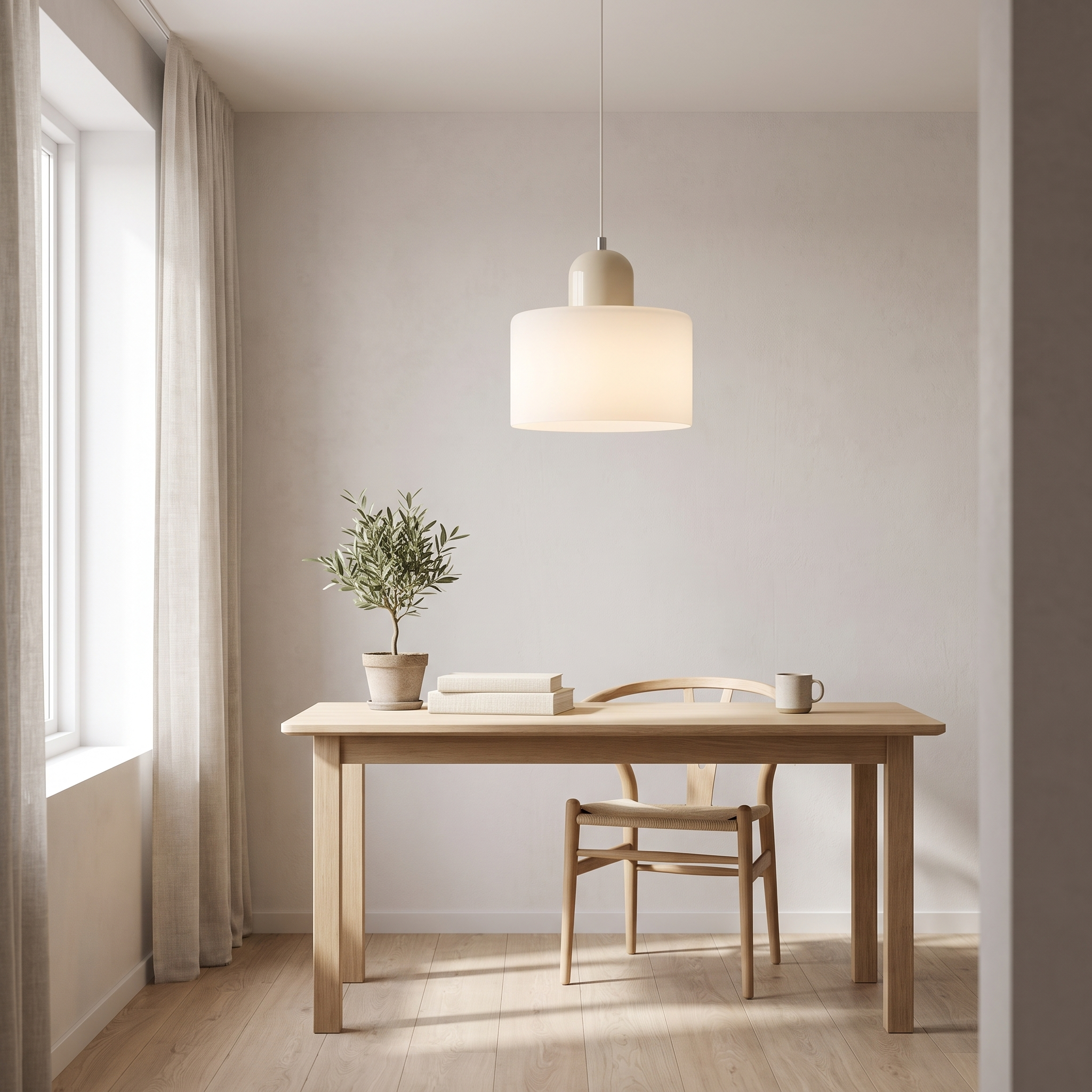 Cream frosted glass pendant over a Japandi home office desk