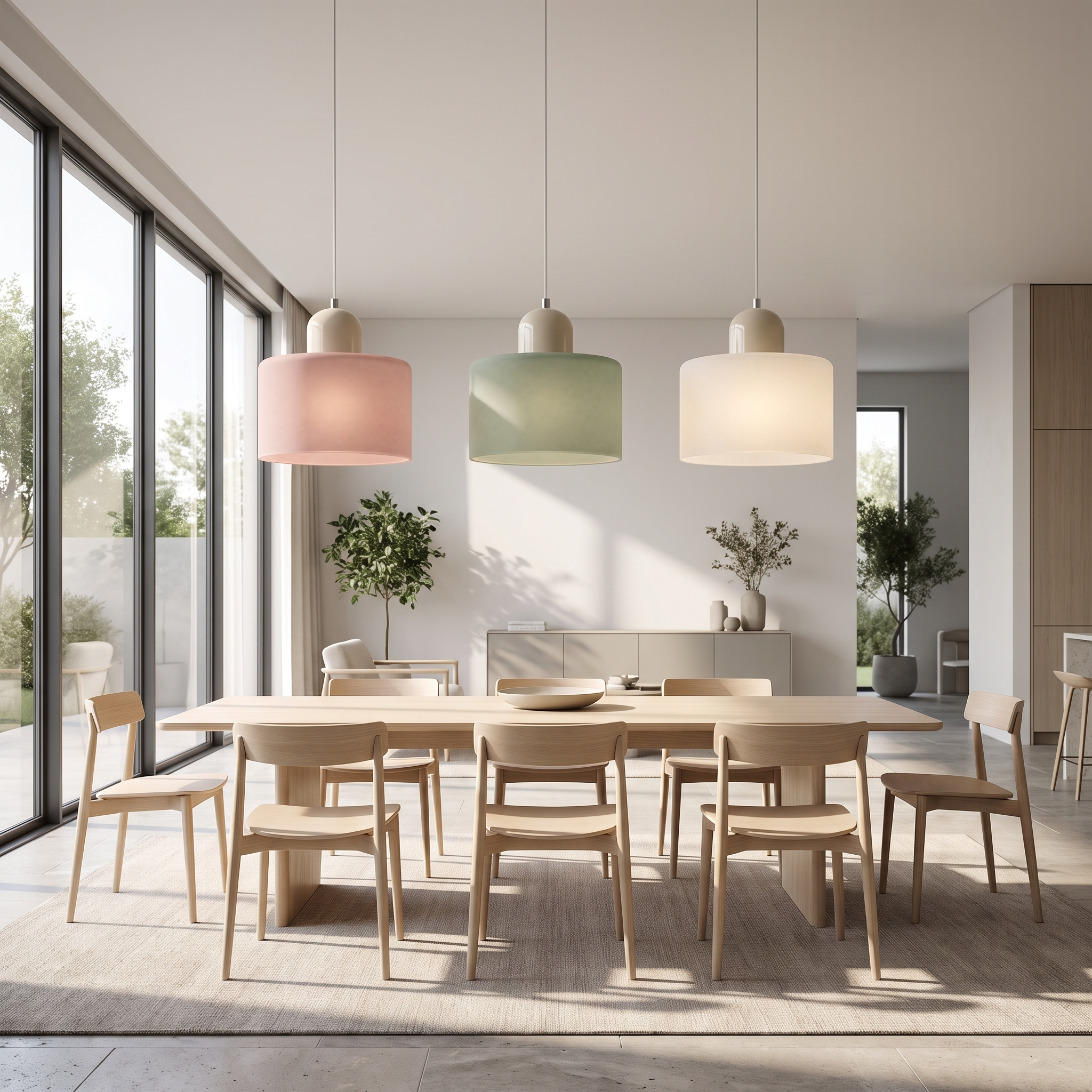 Three frosted Morandi pendants over a bright dining table