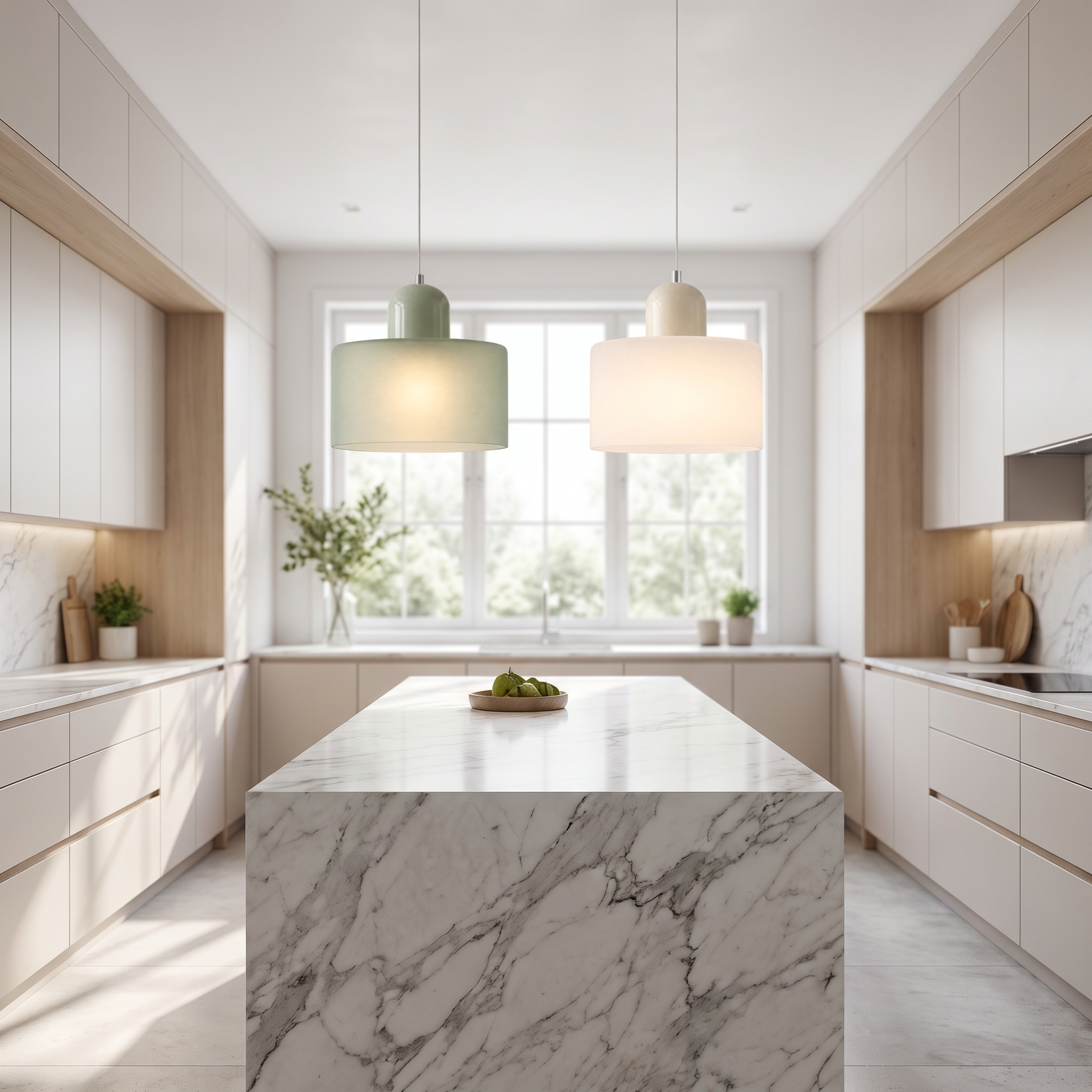 Sage and cream frosted pendants centered over a marble kitchen island