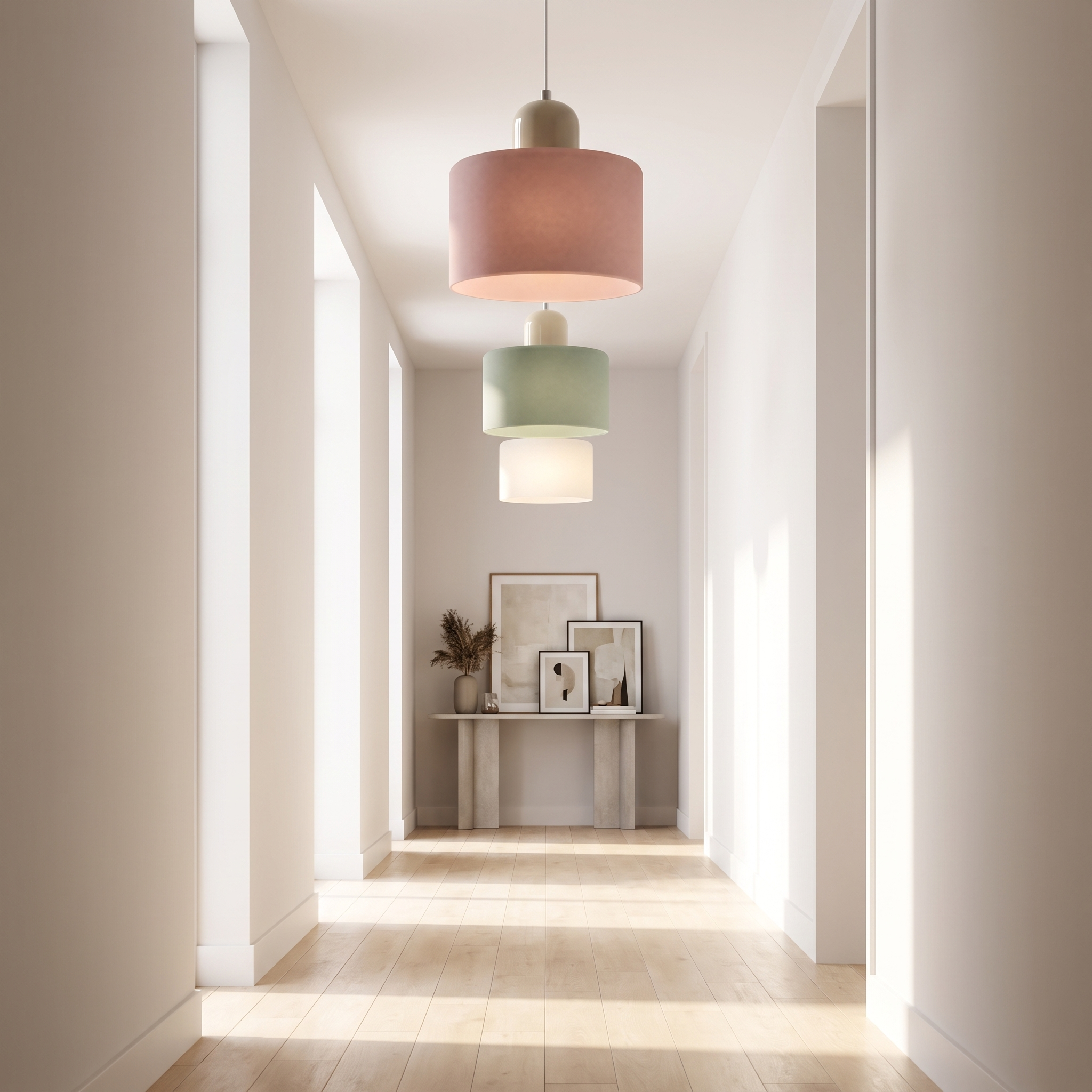 Rhythmic row of frosted Morandi pendants high in a bright corridor