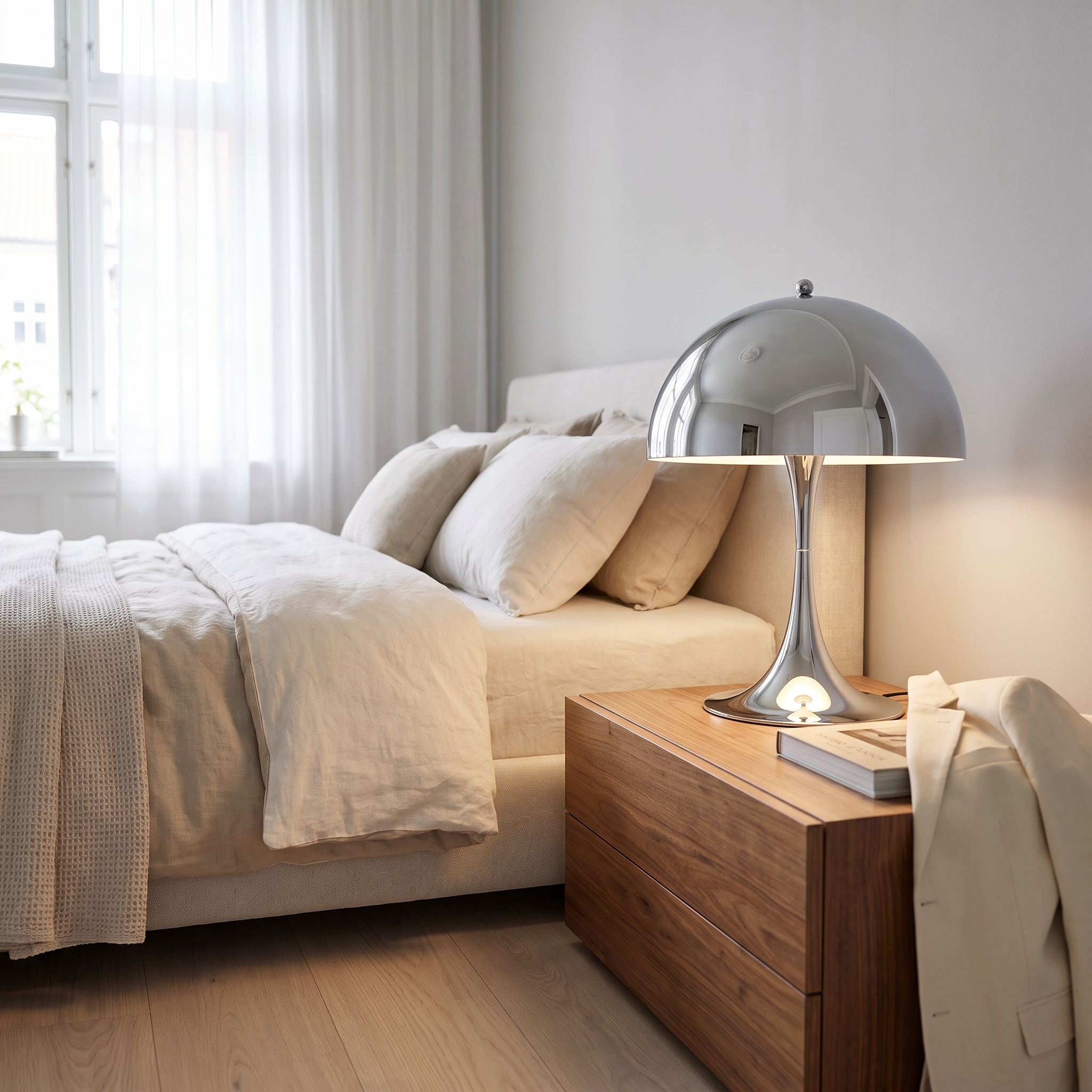 Silver mushroom table lamp on a bedside nightstand