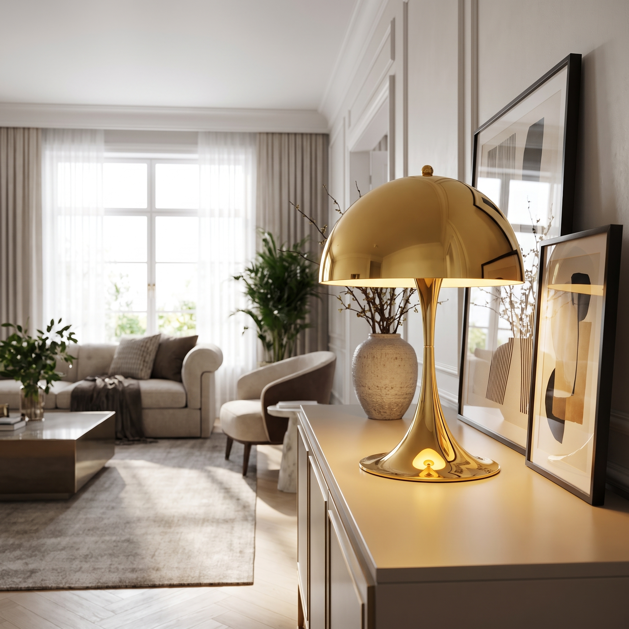 Gold mushroom table lamp on a living-room console