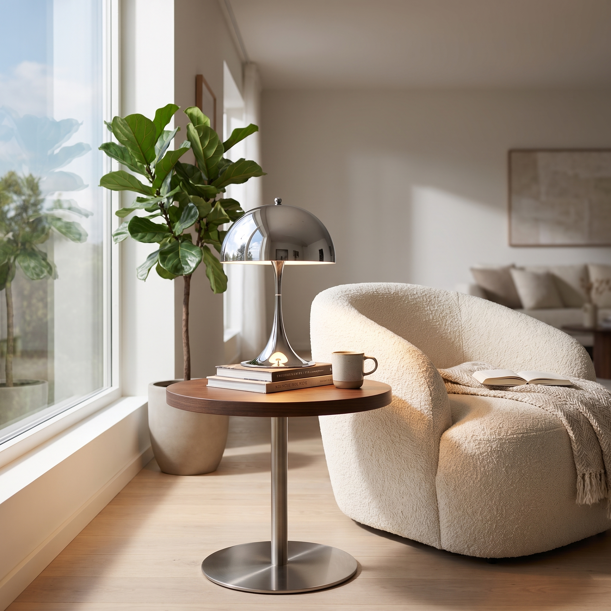 Silver mushroom table lamp on a reading-nook side table