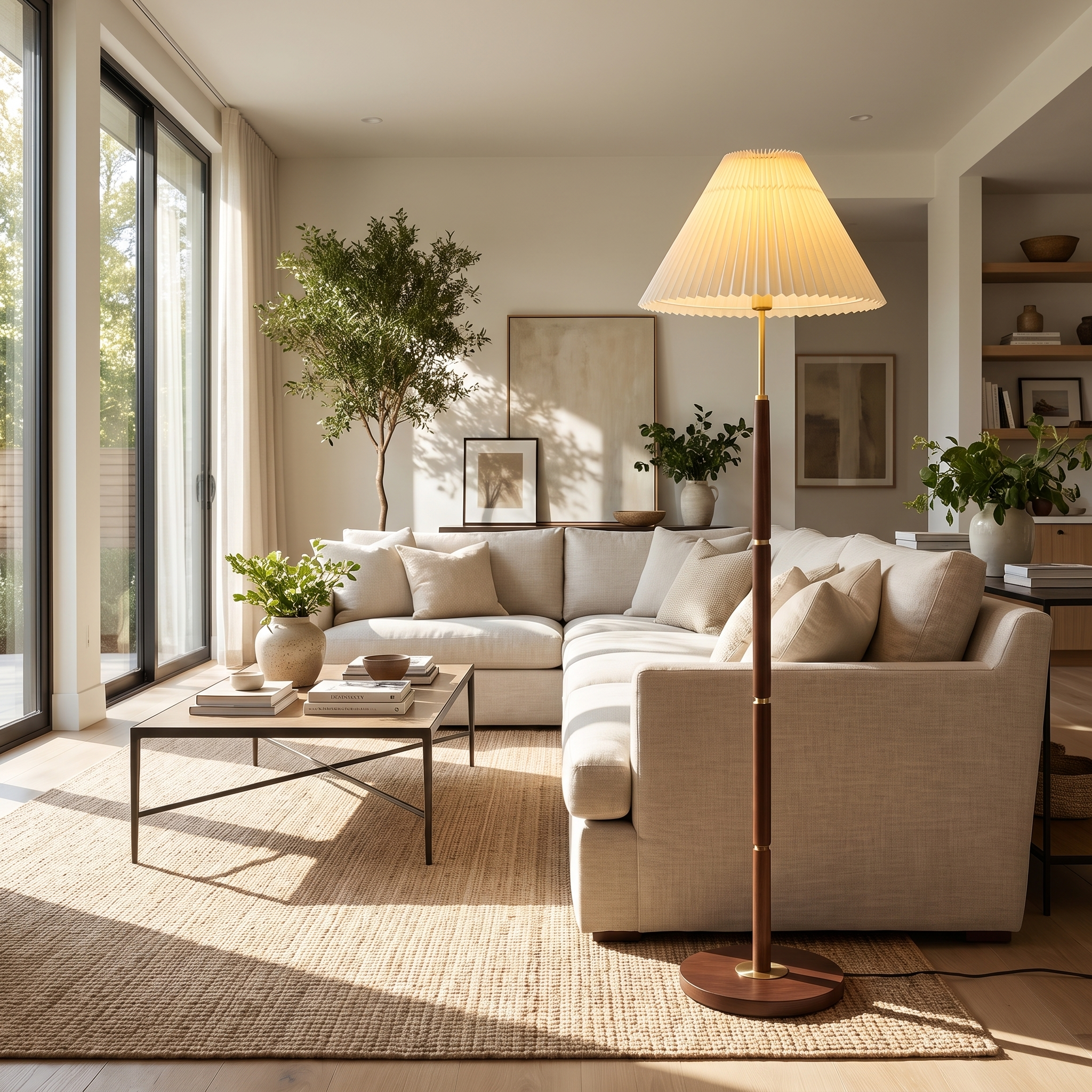 Walnut pleated floor lamp beside a sofa in a bright living room