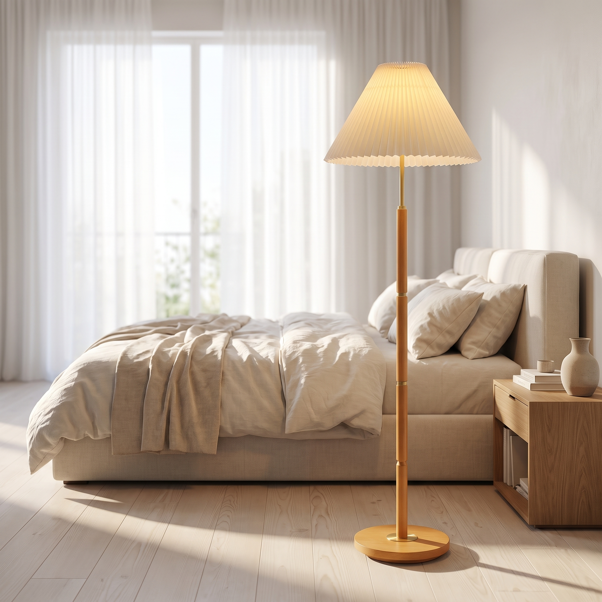 Light wood pleated floor lamp beside a bed