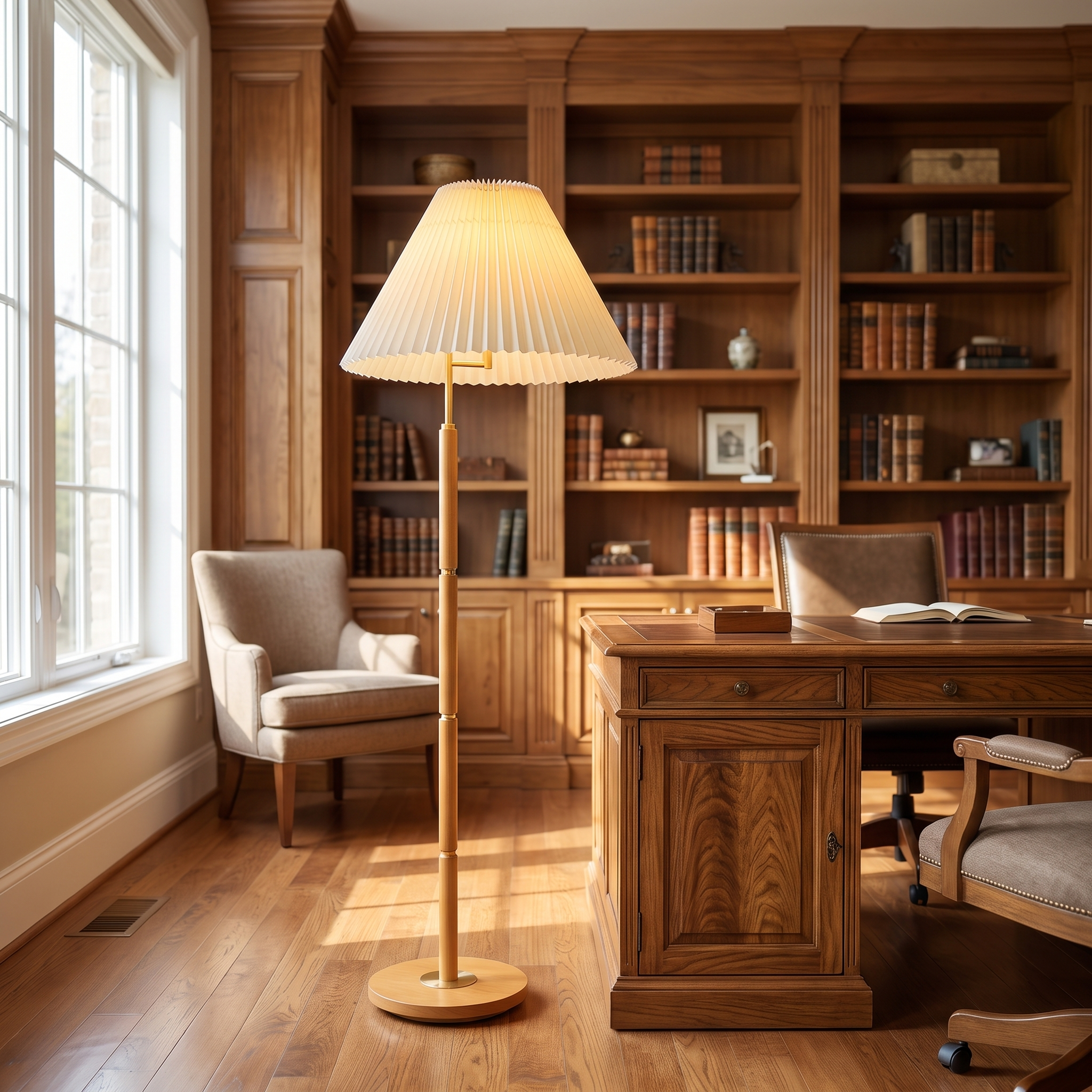 Light wood pleated floor lamp in a study