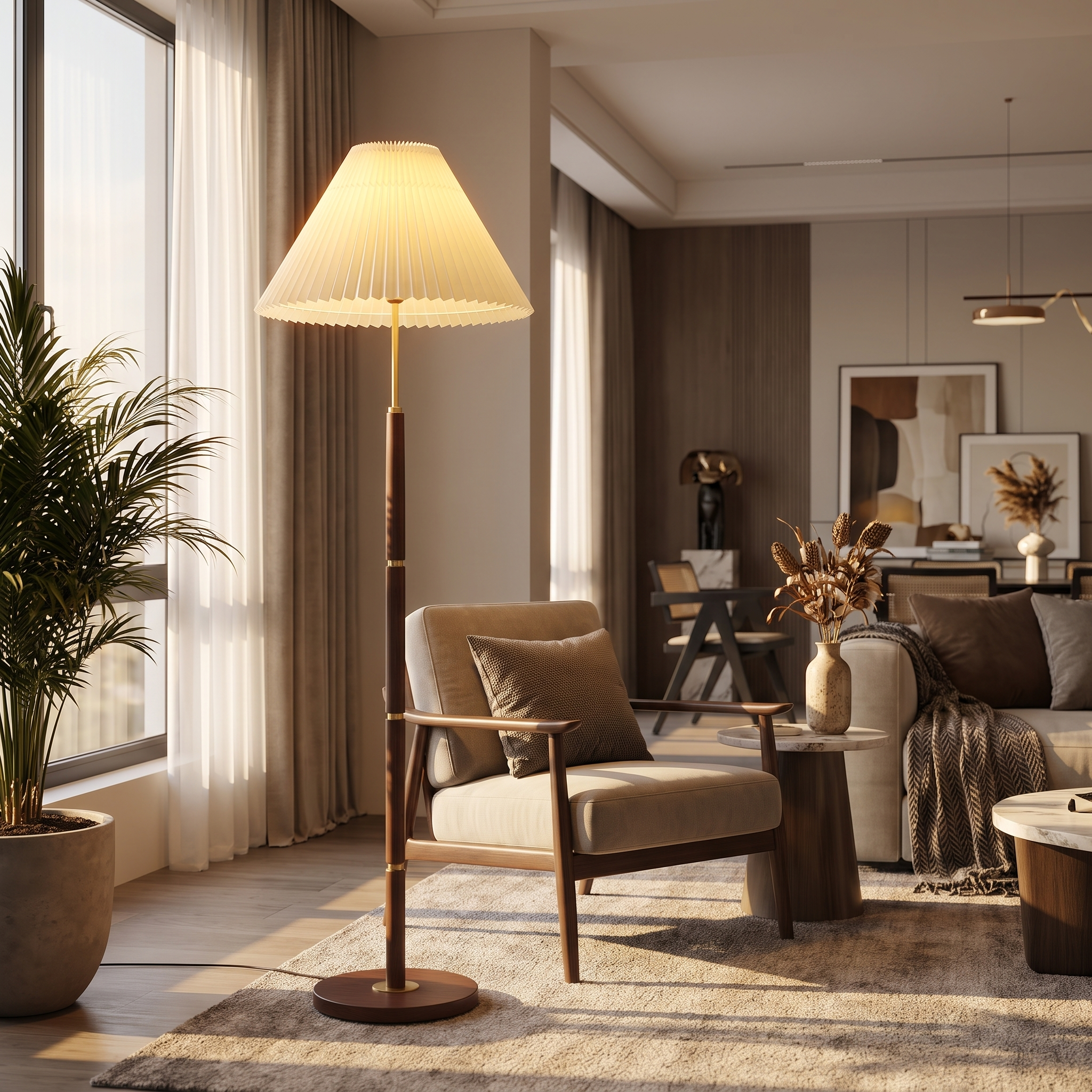 Walnut pleated floor lamp in an elegant living-room corner