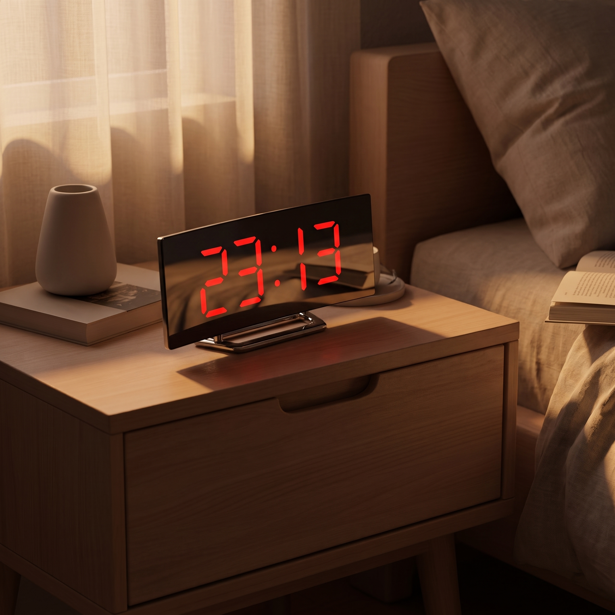 Arco Notte LED alarm clock with red display facing the bed on a nightstand