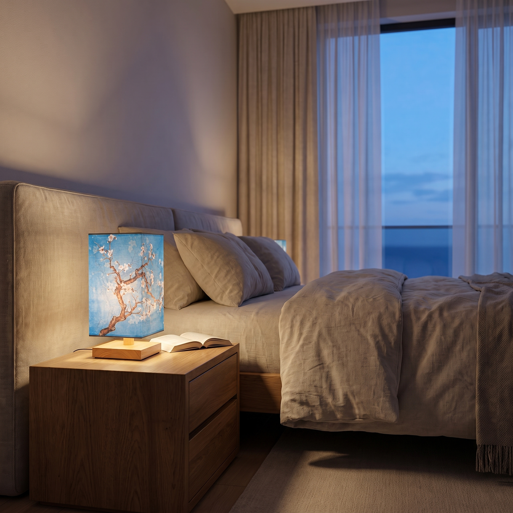 Velura bamboo table lamp blue blossom shade glowing on a bedroom nightstand