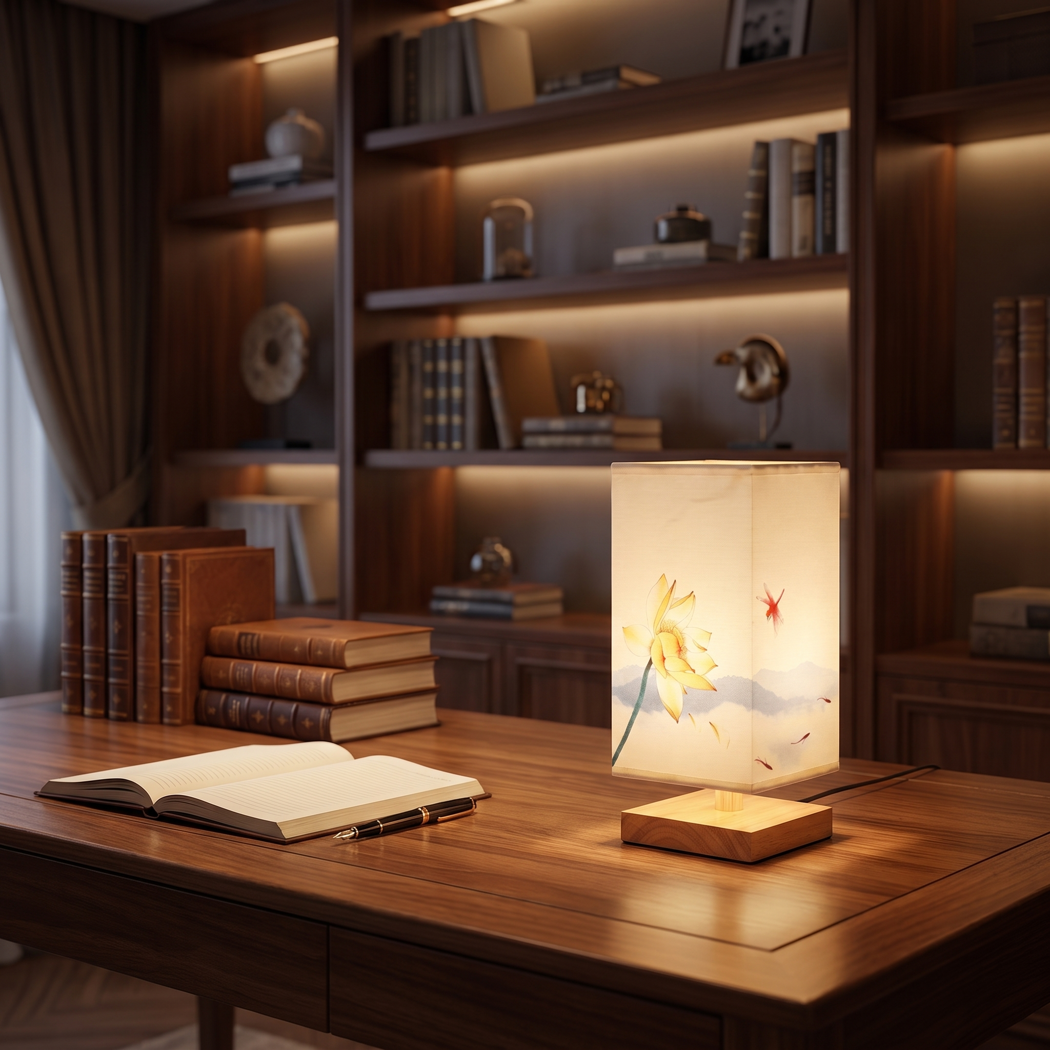 Velura bamboo table lamp lotus shade glowing on a study desk