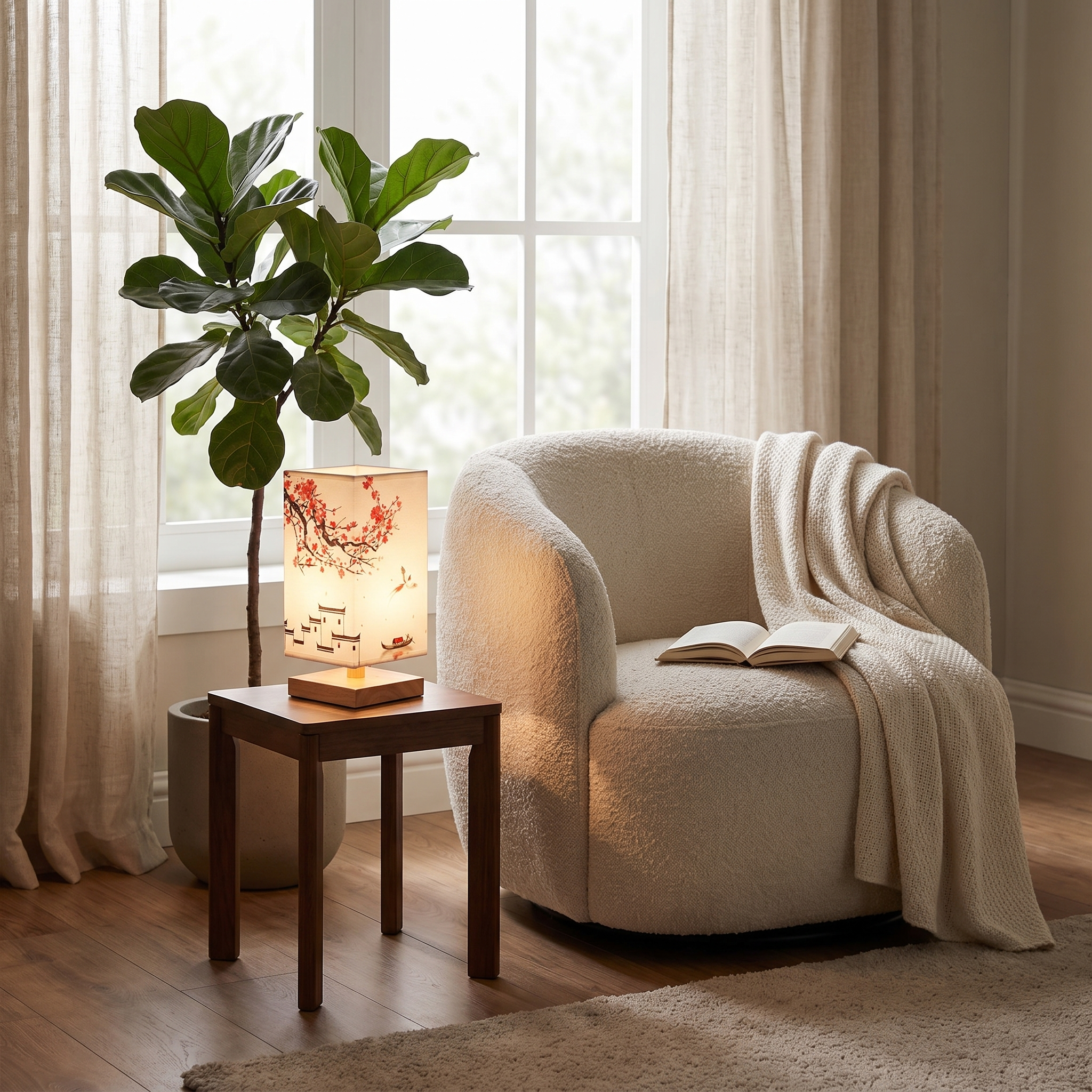 Velura bamboo table lamp red blossom shade in a cosy reading nook