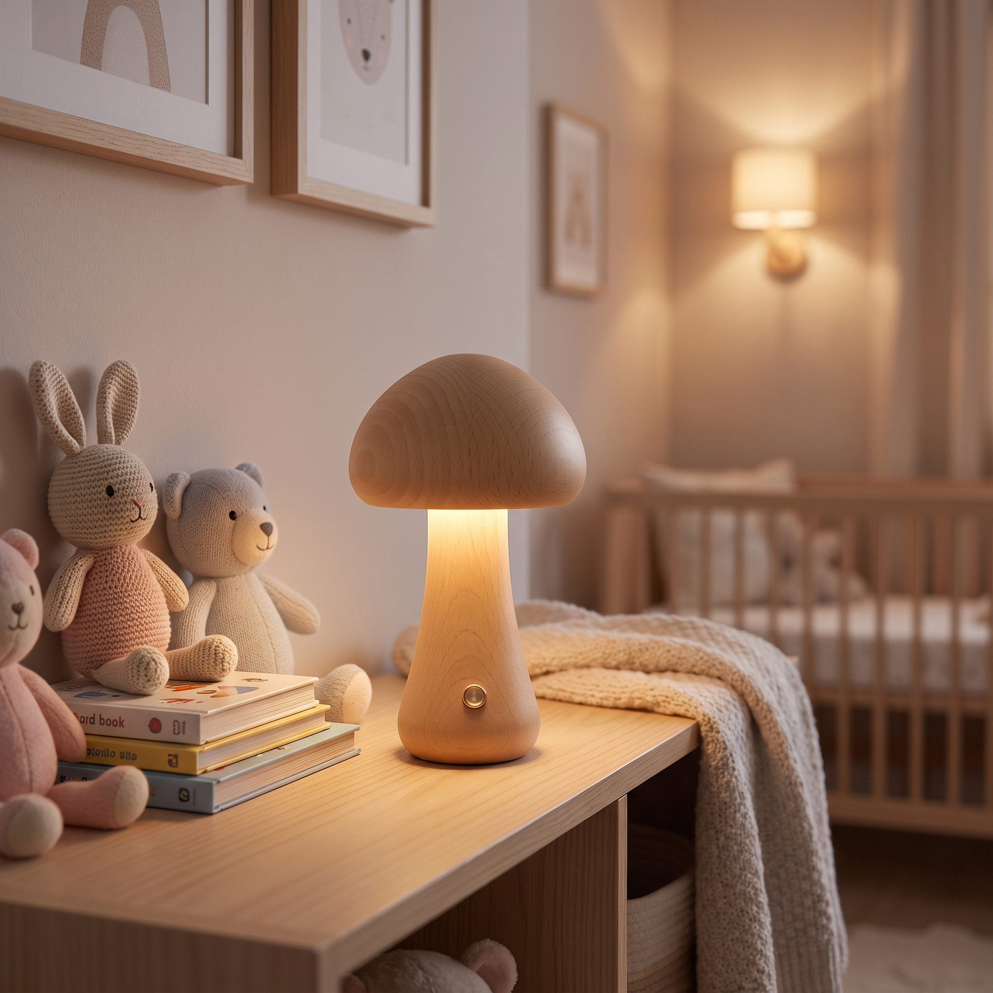 Lunari beech mushroom night lamp glowing on a nursery shelf with plush toys