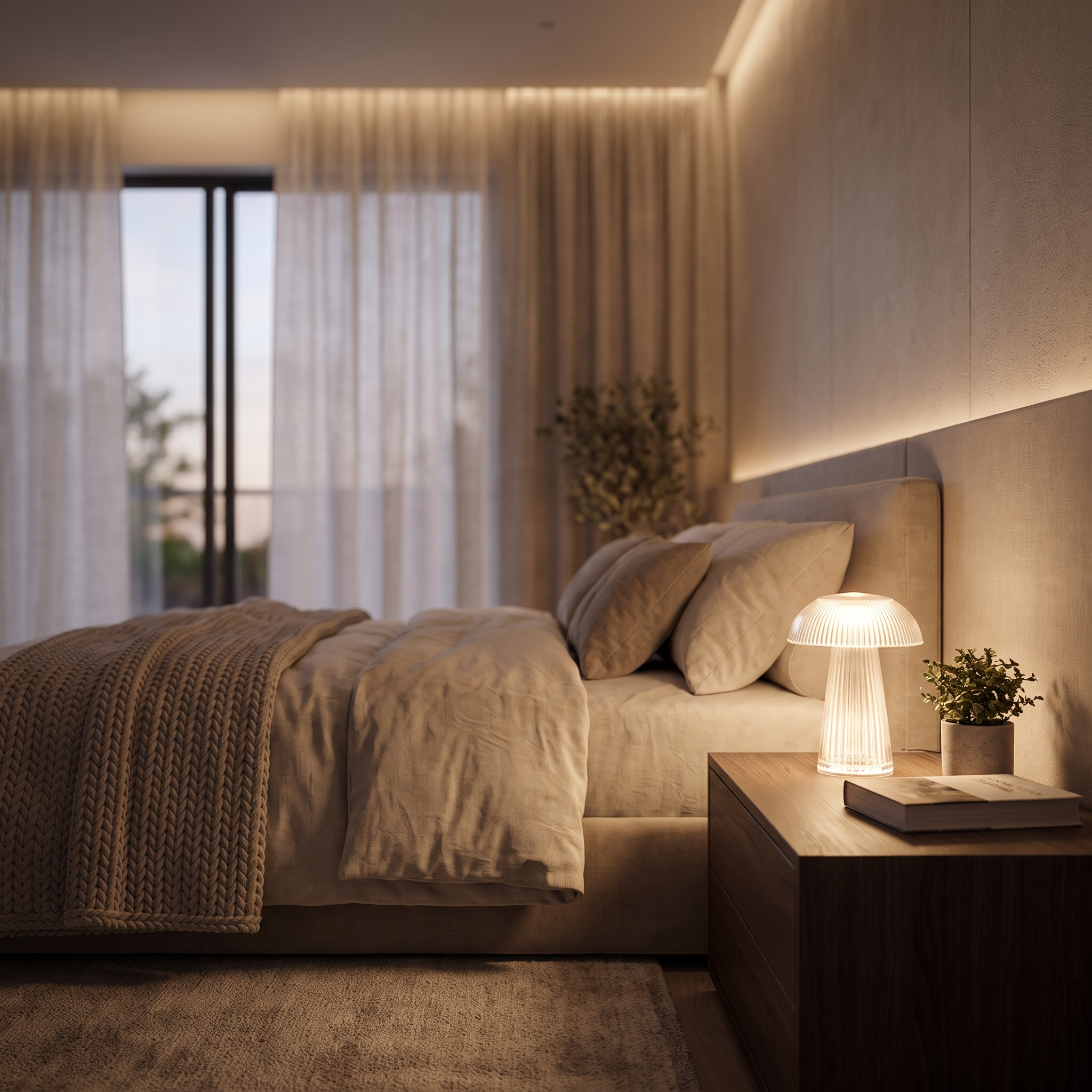 Aqualume jellyfish lamp warm white glow on a bedroom nightstand