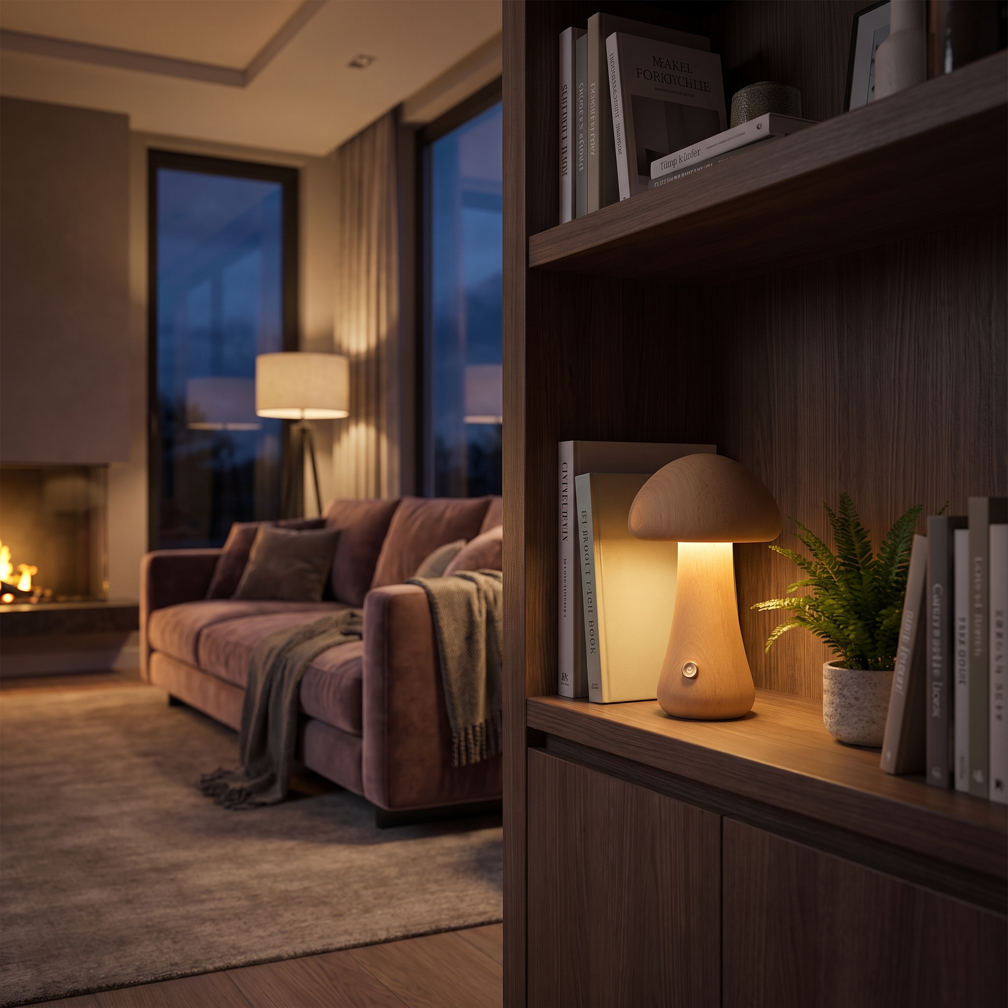 Mushroom table lamp glowing warm on a living room bookshelf ledge