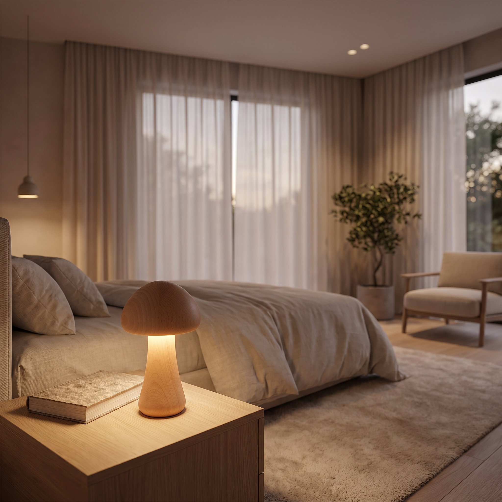 Mushroom table lamp glowing warm on a minimalist bedroom nightstand