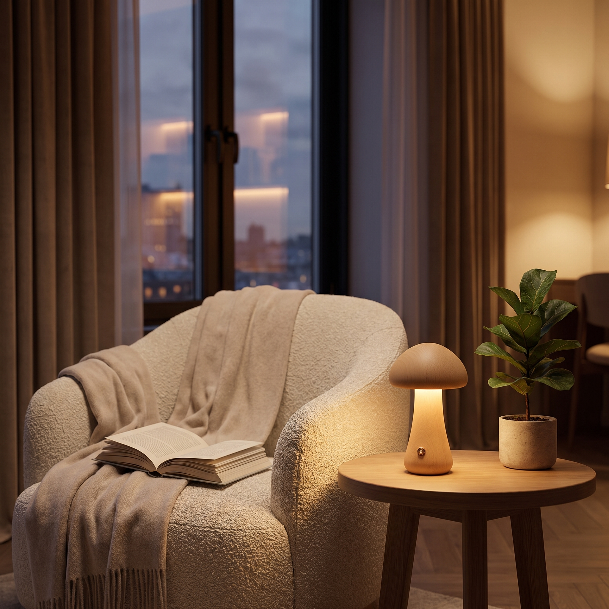 Mushroom table lamp glowing warm on a reading corner side table