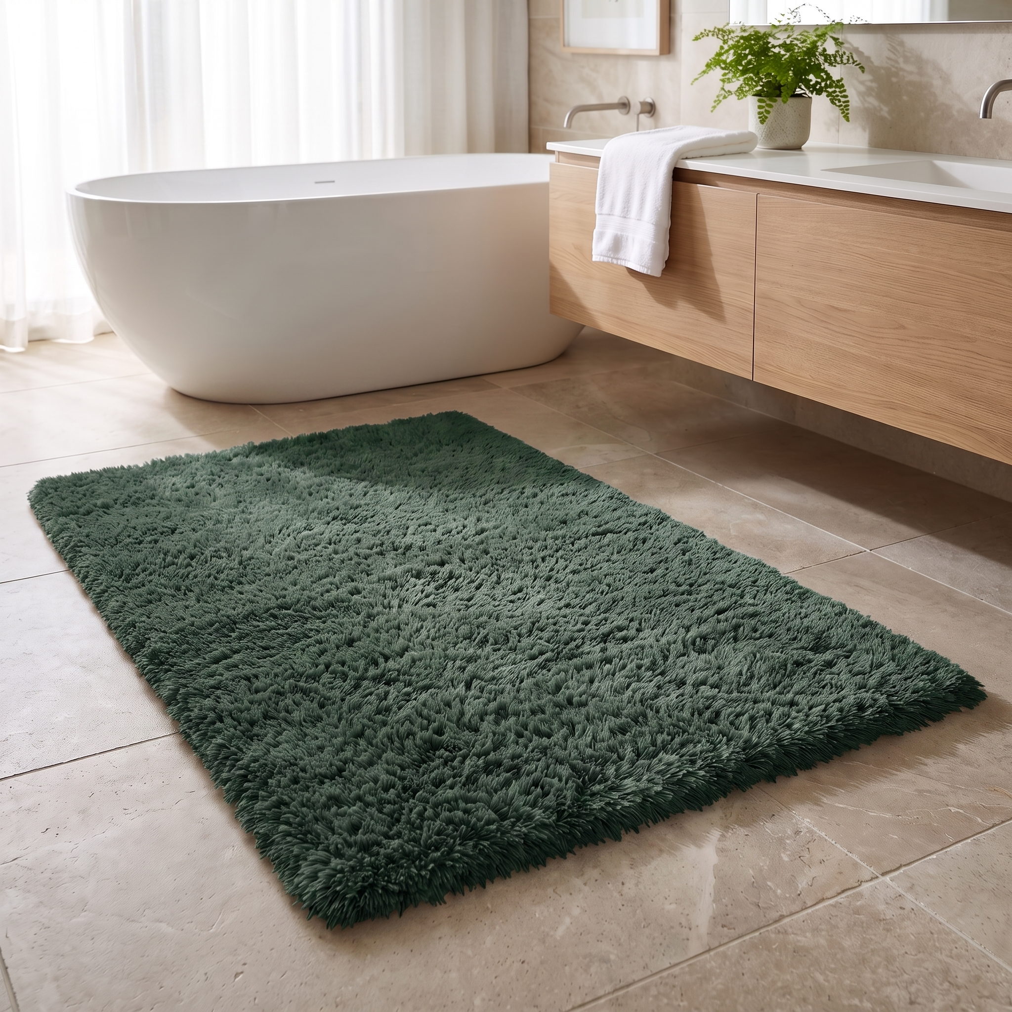 Soffice Lusso plush shag bath rug in Dark Green in a bright bathroom