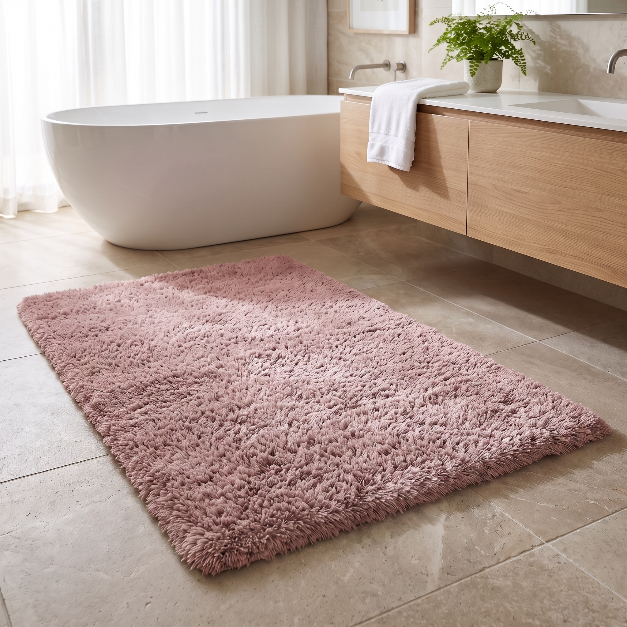 Soffice Lusso plush shag bath rug in Dusty Rose in a bright bathroom